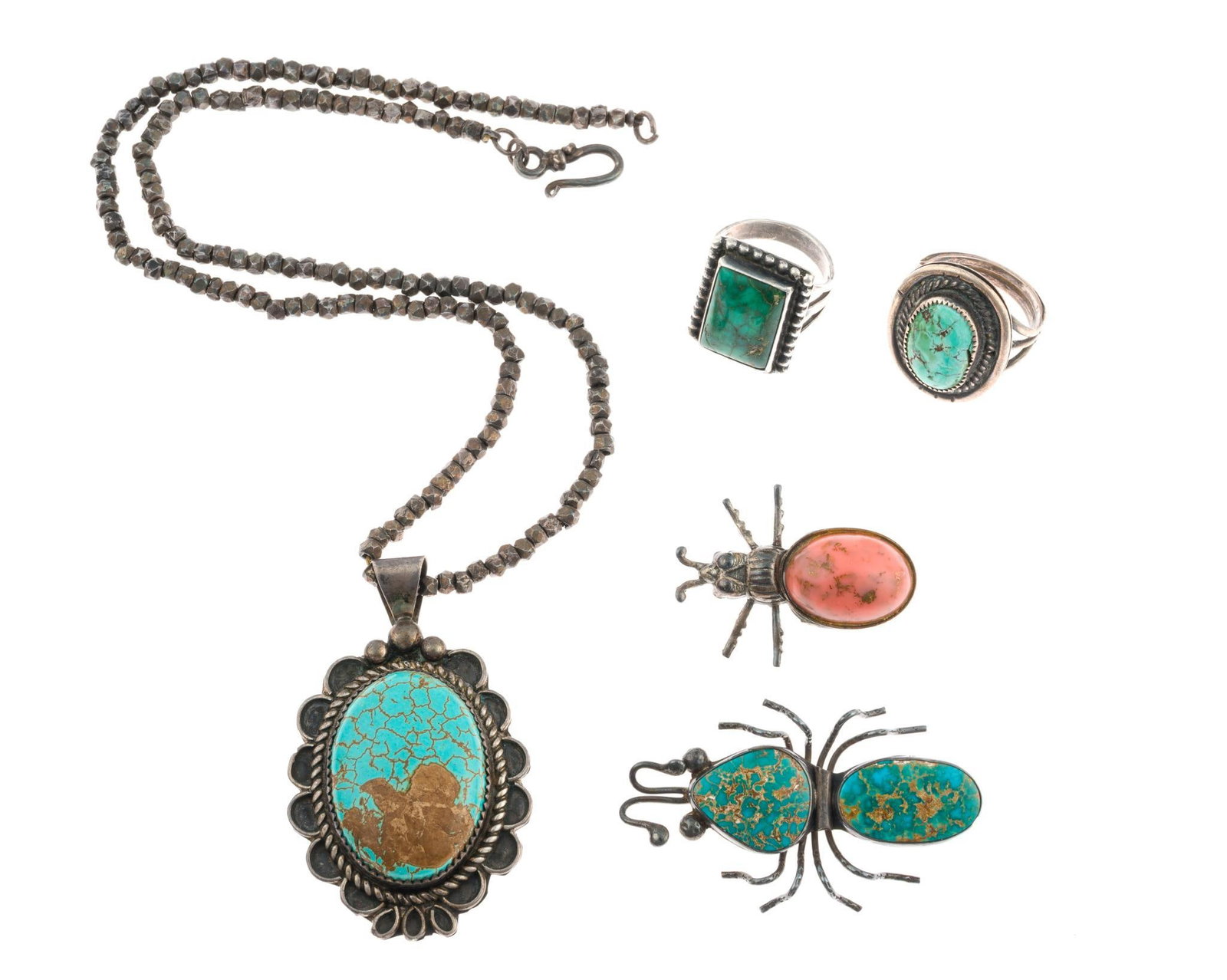 Sterling Silver Jewelry Incl. Turquoise: Includes two rings, two brooches, and necklace. Brooches measure 1" to 1-1/8" wide x 1-1/2" to 2" long. Ring size 5.5, 3/4" to 7/8" wide x 7/8" to 1" long. Necklace measures 1-3/8" wide x 2-1/8" long,