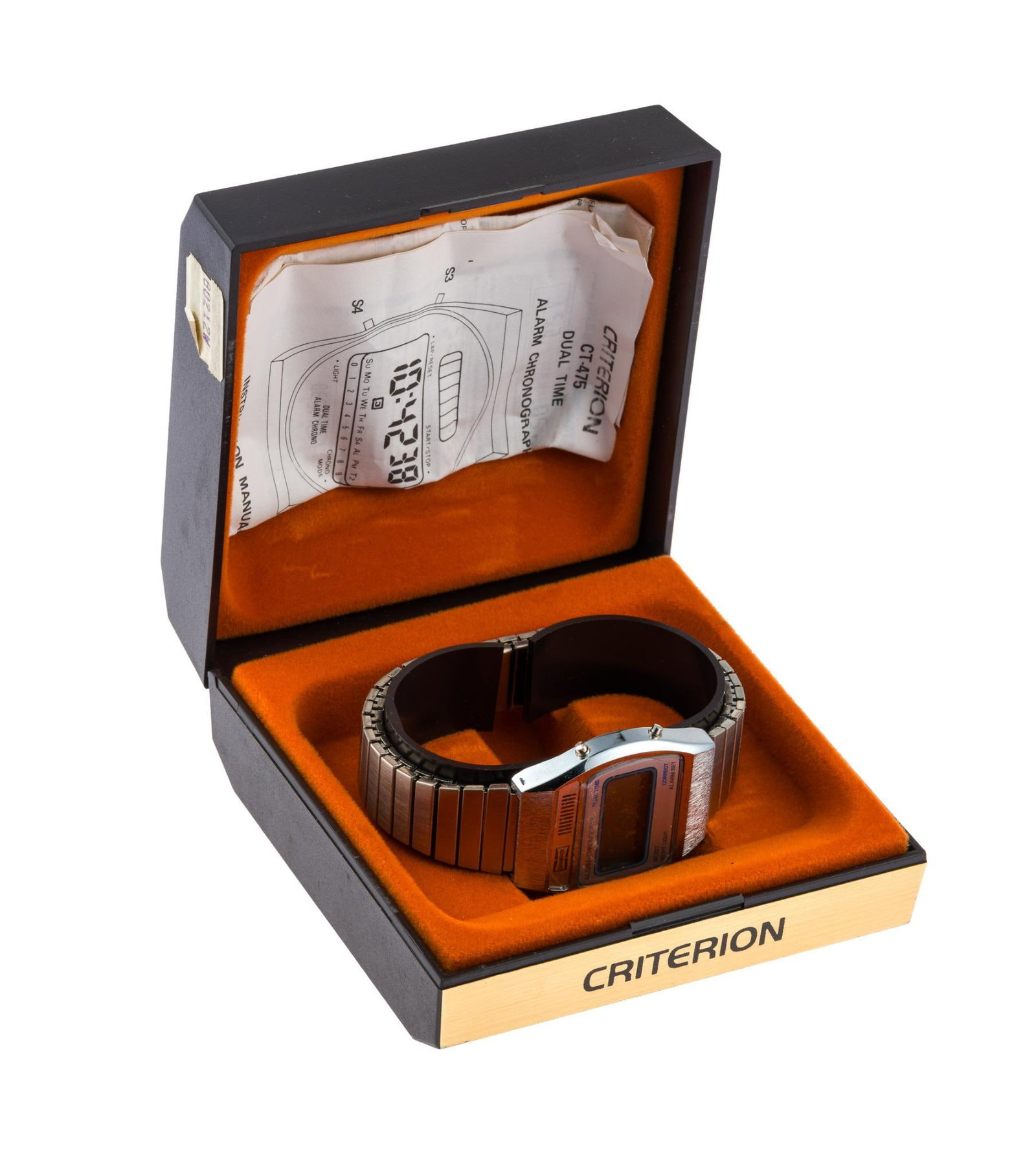 Criterion CT-475 Alarm Chronograph: In original box. Never been worn. With instruction manual. Box measures 3-7/8" wide x 2" high. 