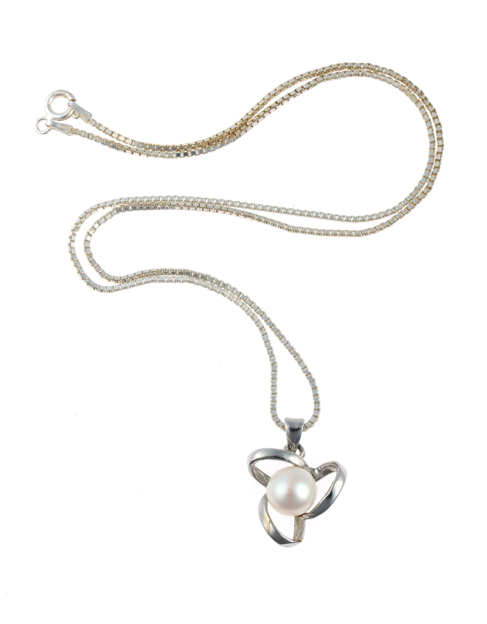 Sterling Silver Pendant Necklace: An 18" sterling box chain necklace with 18k gold plated pendant with a pearl. The chain weighs 3.7 grams without the pendant.