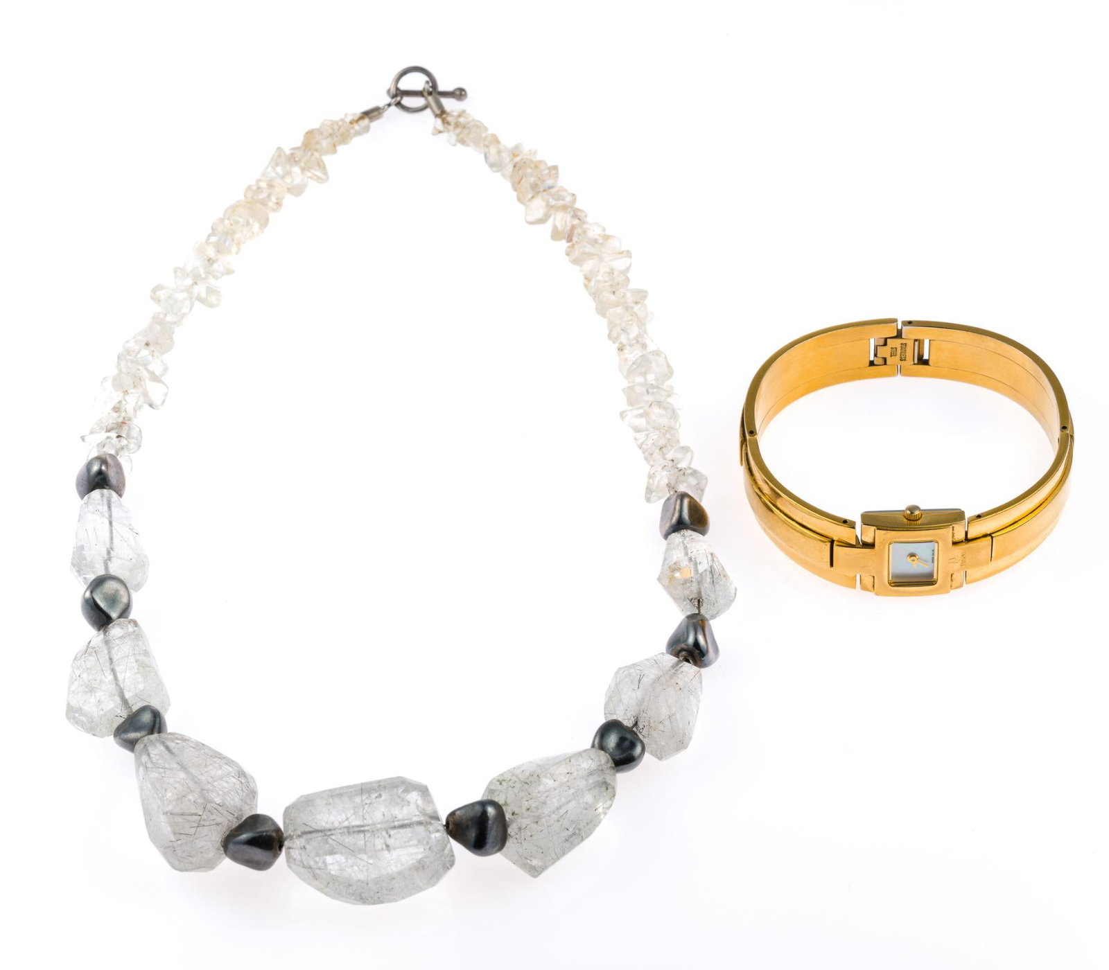 Rutilated Quartz Necklace and Bulova Bangle Watch: The watch is a gold plated quartz Bulova hinged bangle watch 2 1/2" X 1 3/4" inner dimensions. Not running, may need a battery. The necklace is 21" length with rutilated quartz and hematite gemst