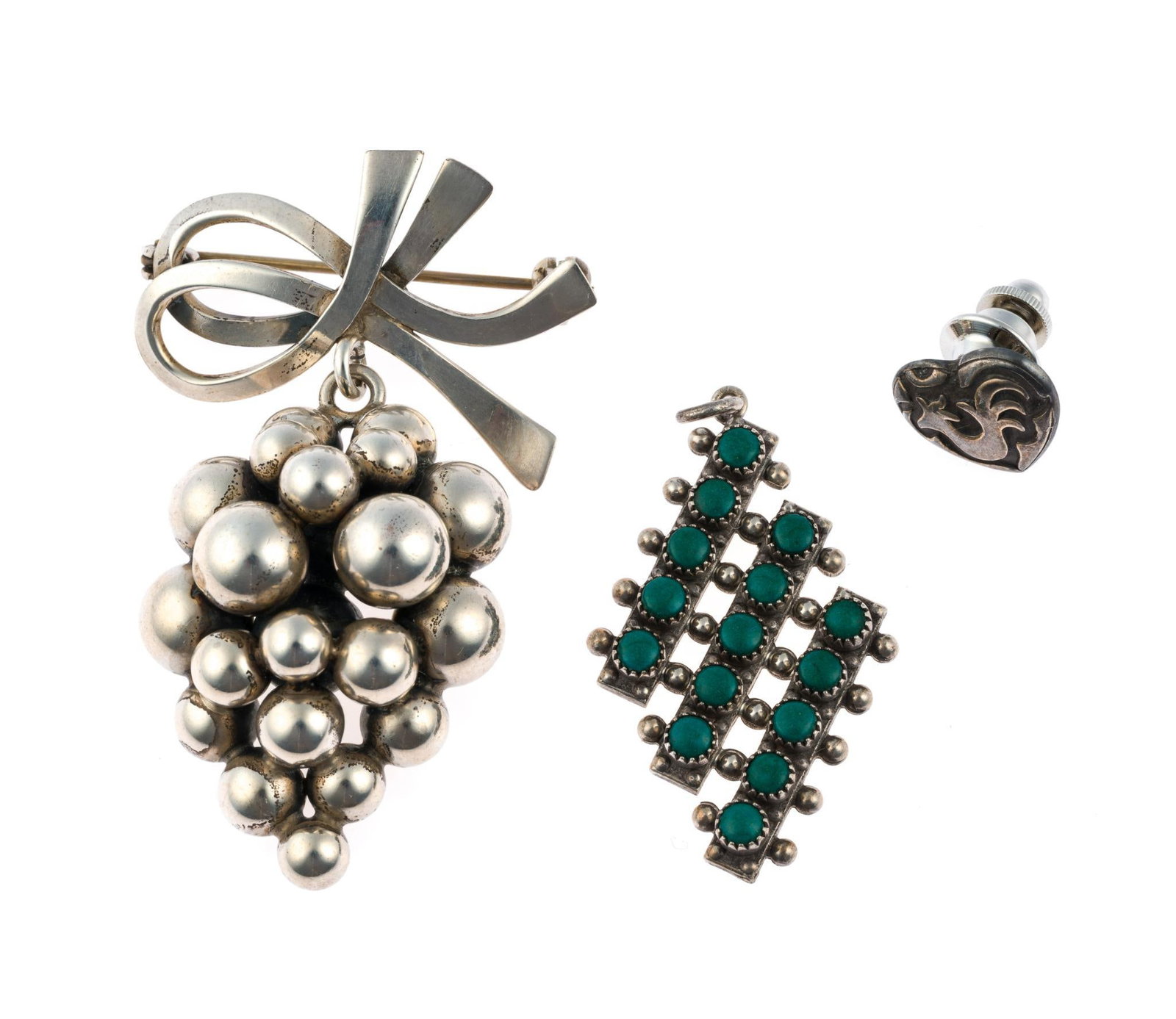 Sterling Silver Pin, Pendant, and Denmark Brooch: One pendant, a brooch, and a pin. The pendant has fifteen cabochon gemstones likely Royston Mining dark green turquoise. The grape cluster brooch is SCF Svend Christian Fogh, Denmark. It is 2" in