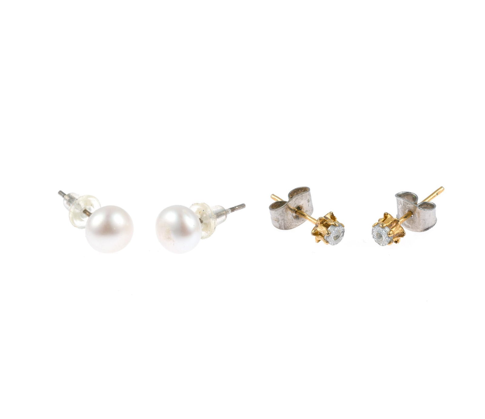 2 Pairs of Stud Earrings: Pearls and illusion set CZ. 1/4" wide x 1/4" long. 