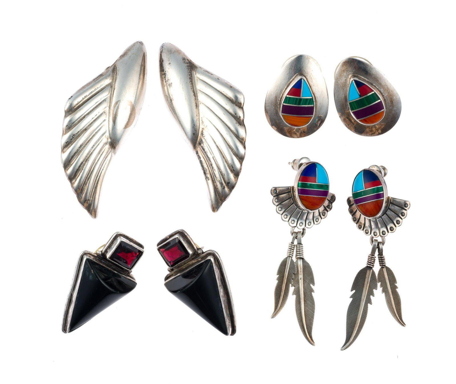 4 Pairs Sterling Silver Earrings Incl. Inlaid: All marked. Includes winged form clip-ons and pierced geometric and inlaid. 7/8" to 1" wide x 1" to 2" long. 1.54 ozt total. 