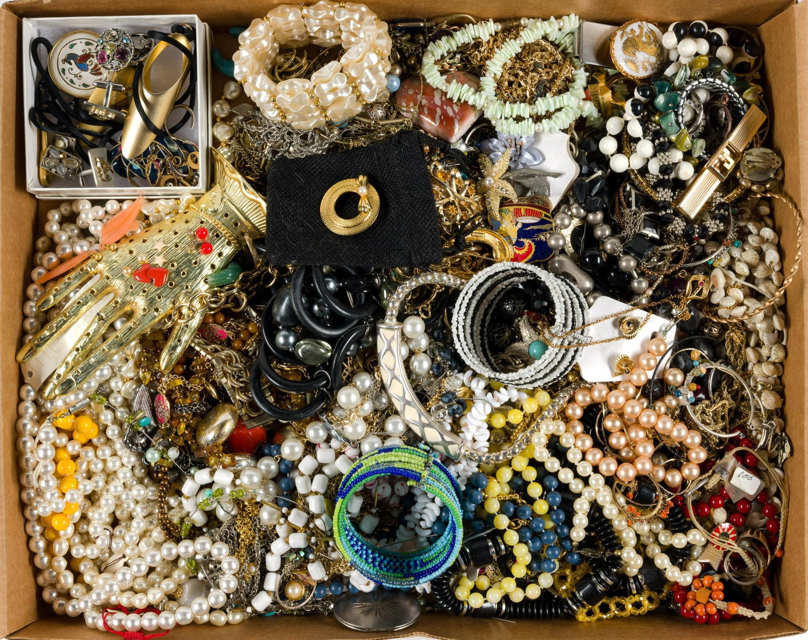 Vintage & Costume Jewelry incl. Monet: Also includes gold-filled. Box measures 13" wide x 16-1/2" deep x 2-1/4" high. 