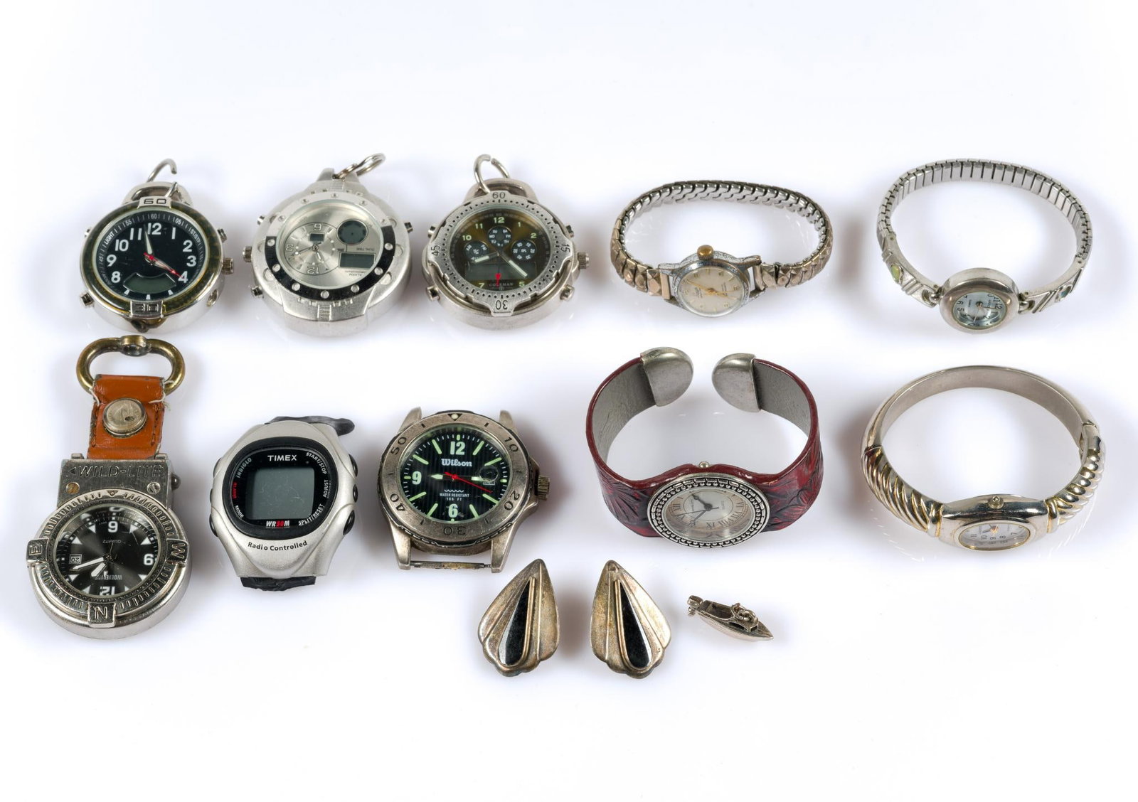 10 Watches & Sterling Silver Jewelry: Sterling marked, including pair of earrings and charm. Sterling total 0.29 ozt. Watches measure 1-3/4" wide x 2" to 3-3/4" long. 