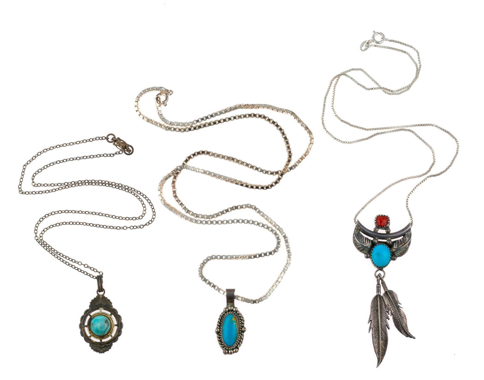 3 Southwest Sterling Silver Necklaces: All marked. 1/2" to 1" wide x 1-1/4" to 2-1/2" long, chains 18" to 23-3/4" long. Total 0.97 ozt. 