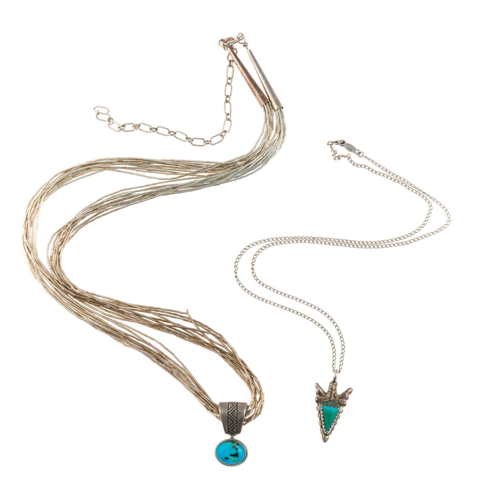 2 Sterling Silver and Turquoise Necklaces: Both marked. Pendants 5/8" wide x 1" long, chains 15" to 19-3/4" long. Total 0.58 ozt. 