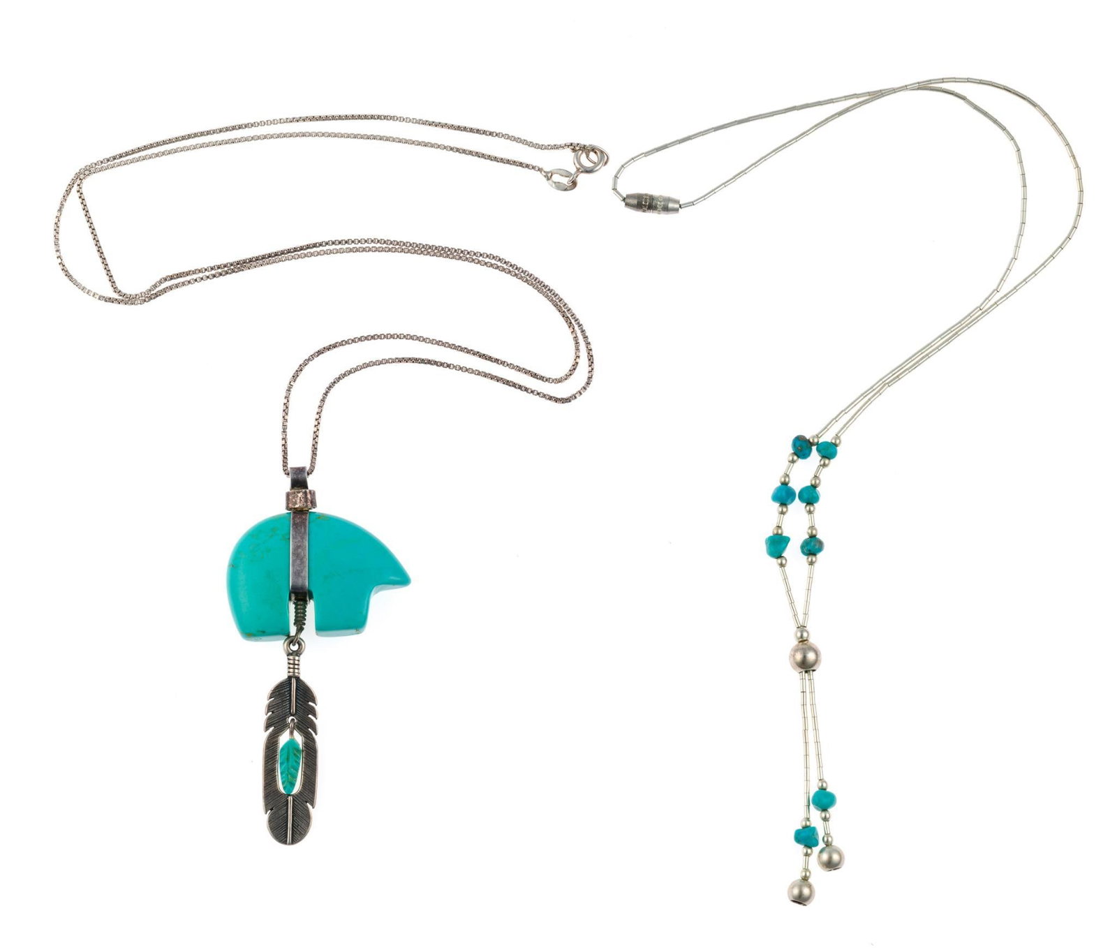 2 Sterling Silver and Turquoise Necklaces: Both marked. Bear fetish necklace measures 1-3/8" wide x 2-3/4" long, chain 24" long. Second necklace measures 16" long. Total 0.25 ozt. 