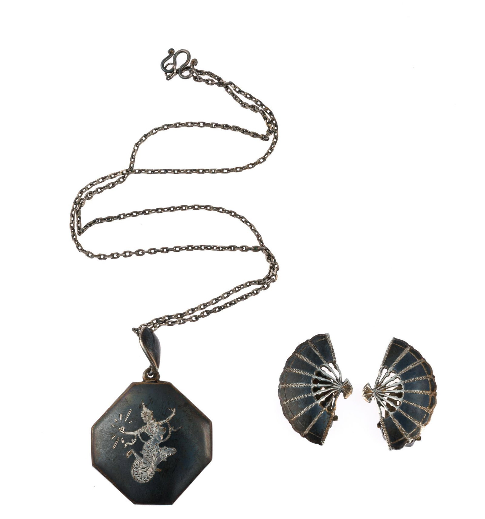 Siam Sterling Silver Necklace & Earrings: All marked. Earrings measure 1-1/4" wide x 7/8" long. Necklace measures 1-1/4" wide x 1-3/4" long, chain 15-3/4" long. 0.51 ozt total. 