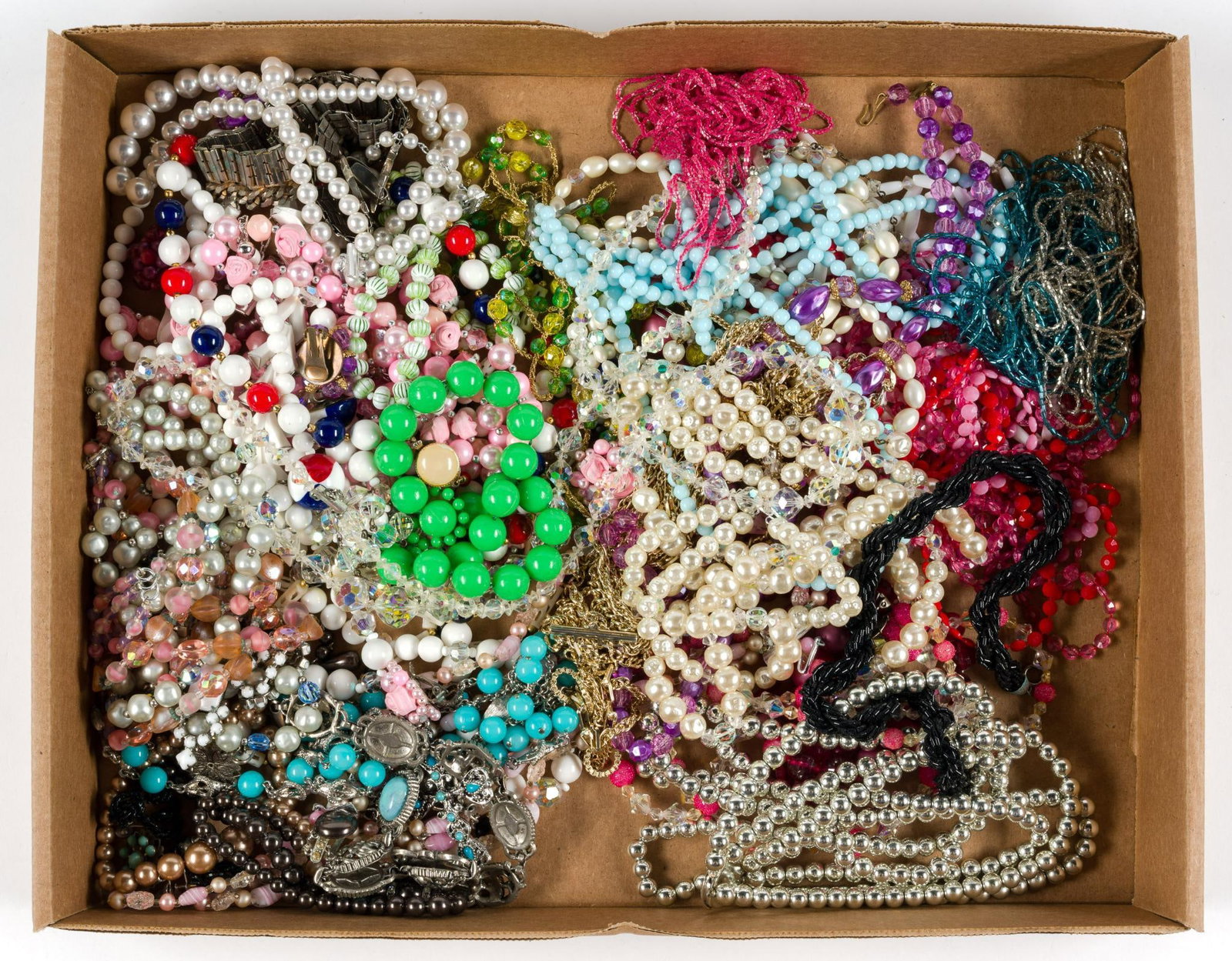 Costume Jewelry incl. Glass and Crystal Beads: Includes necklaces and earrings. Box measures 13" wide x 16-1/2" deep x 2-1/4" high. 