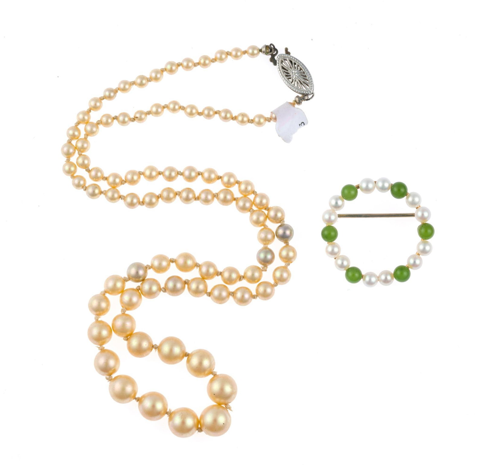 Pearl Necklace & Krementz Costume Brooch: Pearl necklace with 10k white gold clasp. Necklace measures 18-1/4" long. Brooch measures 1-1/8" wide x 1" long. 