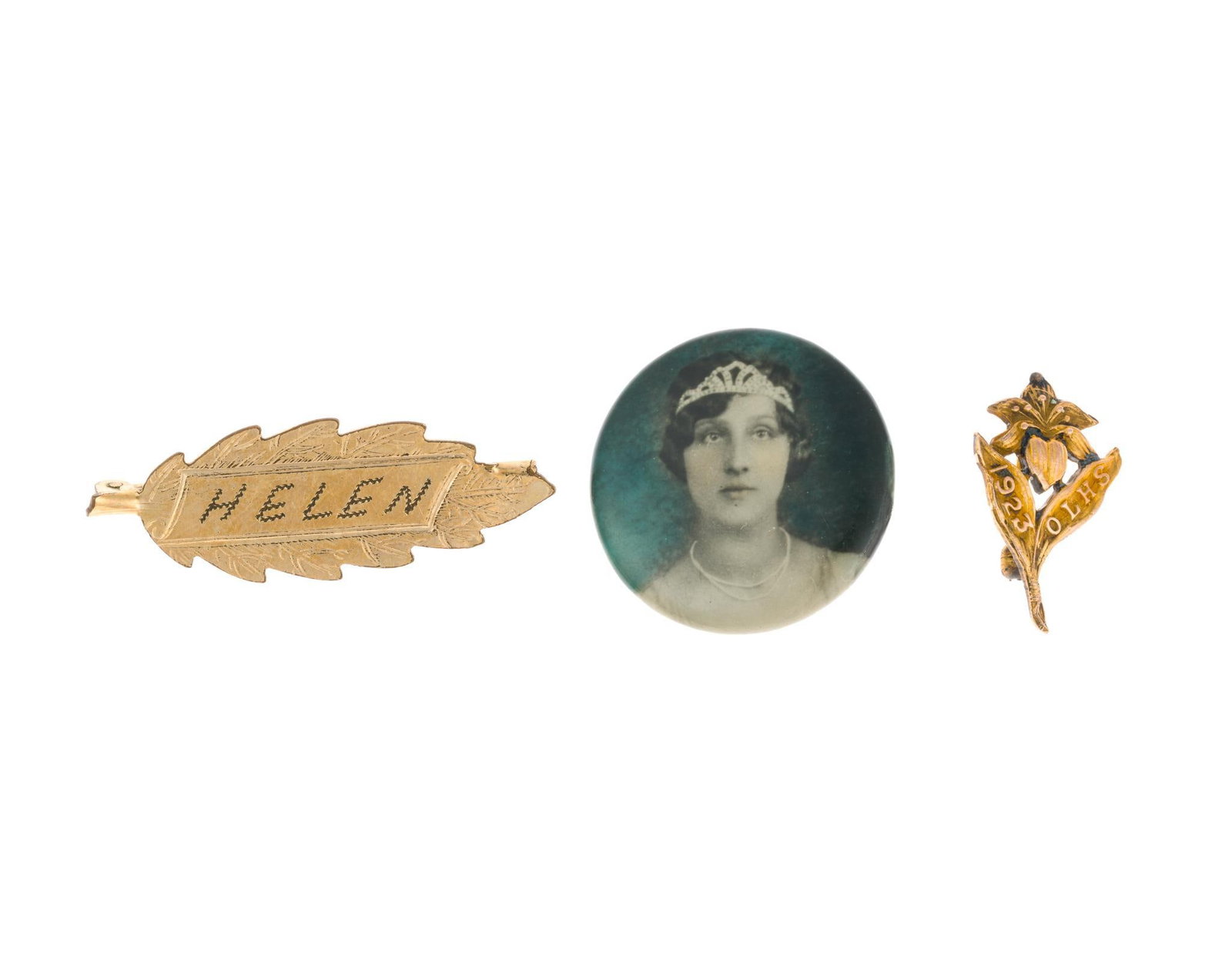 Antique 10K Gold Pins & Portrait Pin: Both gold pins test 10k. 3/4" to 1-1/2" wide x 3/4" to 7/8" long. Total weight of gold 3.9 grams. 