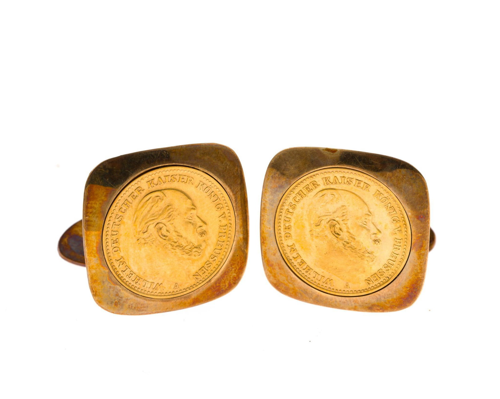 14K Gold Cufflinks with Gold Five-Mark Coin: The cufflinks are marked 14k and the coins are 1887A 5 Mark Gold. Please note that we do not offer the coins as authentic. We offer them as jewelry. NGC does list 1887A 3.98 grams 900 fine, no