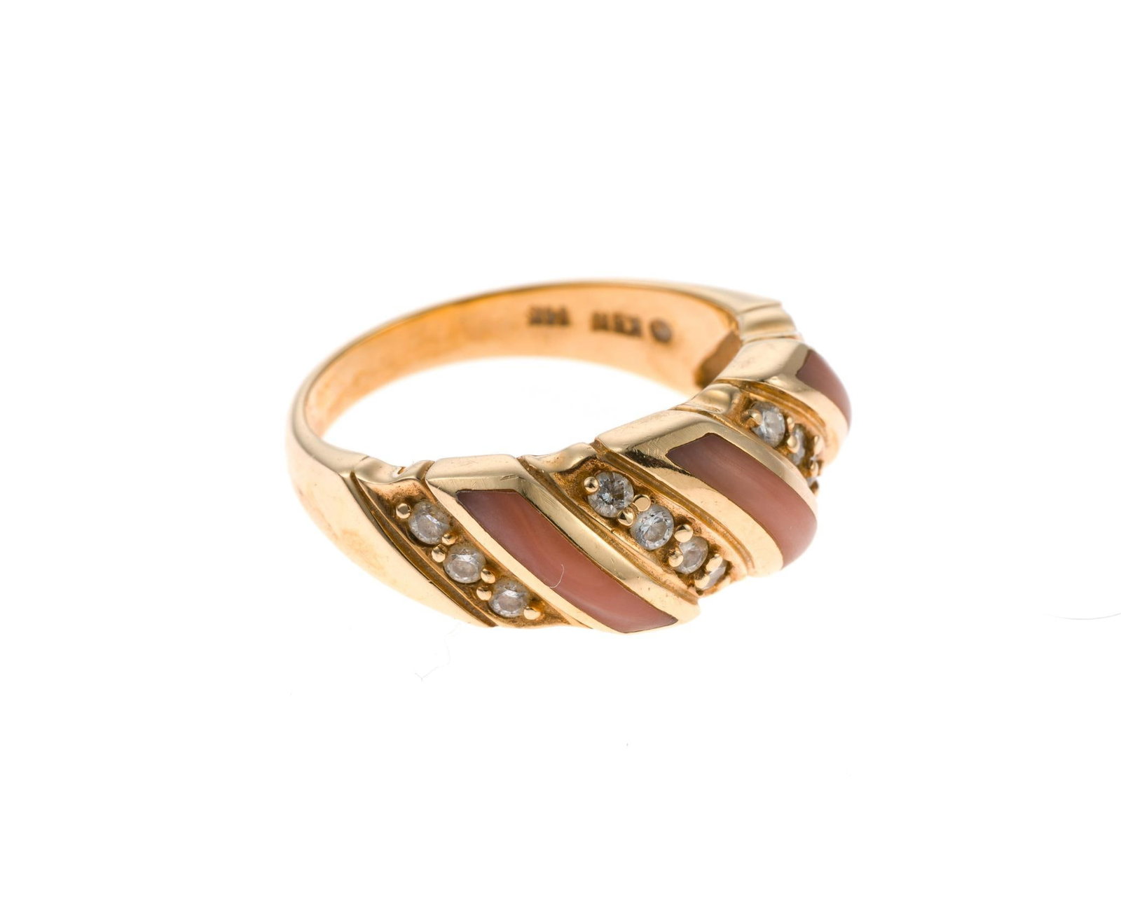 Kabana 14K Gold and Diamond Ring: A yellow gold ring enhanced by fourteen small diamonds and inlaid shell. It is marked 14k and KBN and is size 6.75. Total weight is 6.6 grams. 