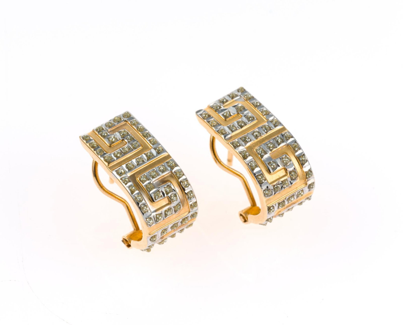 14K Gold Two-Tone Greek Key J-Hoop Earrings: Huggie style yellow gold earrings with small diamonds. They have omega backs for pierced ears and are 3/4" long. They weigh 3.0 grams. 
