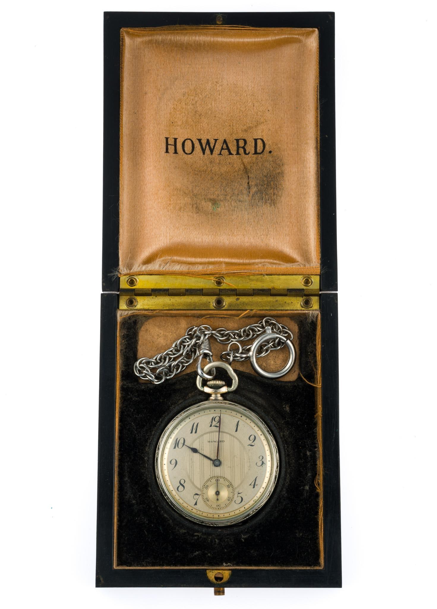 14K White Gold-Filled E. Howard Pocket Watch: A 1921 open face E. Howard 17j pocket watch size 12s. It sets, runs and comes in the original watch box from 1921. The case is 14k white gold filled Keystone Extra (Philadelphia). It has an excellent 