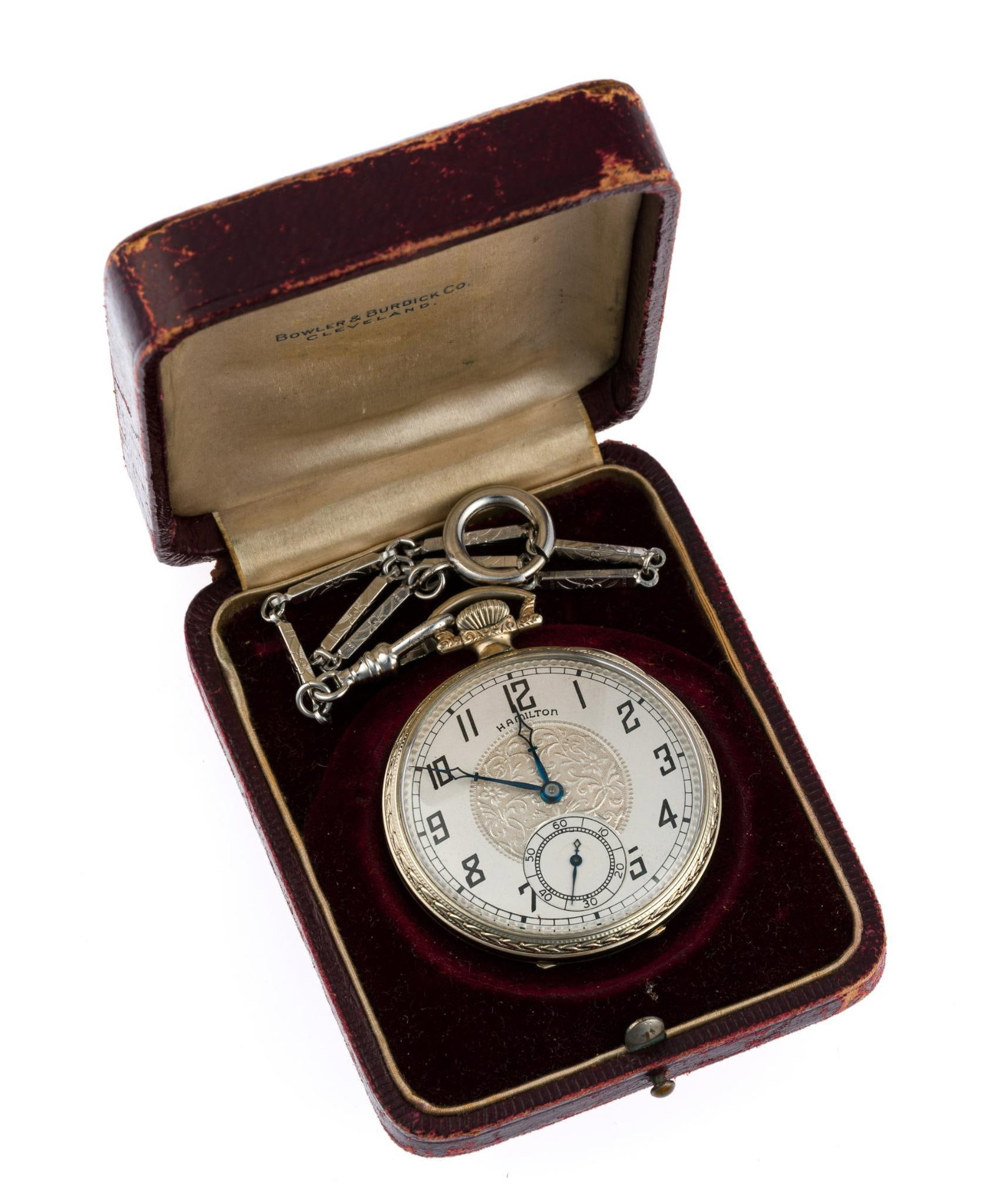 14K White Gold Filled Hamilton Pocket Watch: A Hamilton open face pocket watch grade 912 from 1923. The case is hallmarked with a caduceus (Fahys Watch Case Company). The case is marked 14k gold filled and has double back covers. The watch sets 
