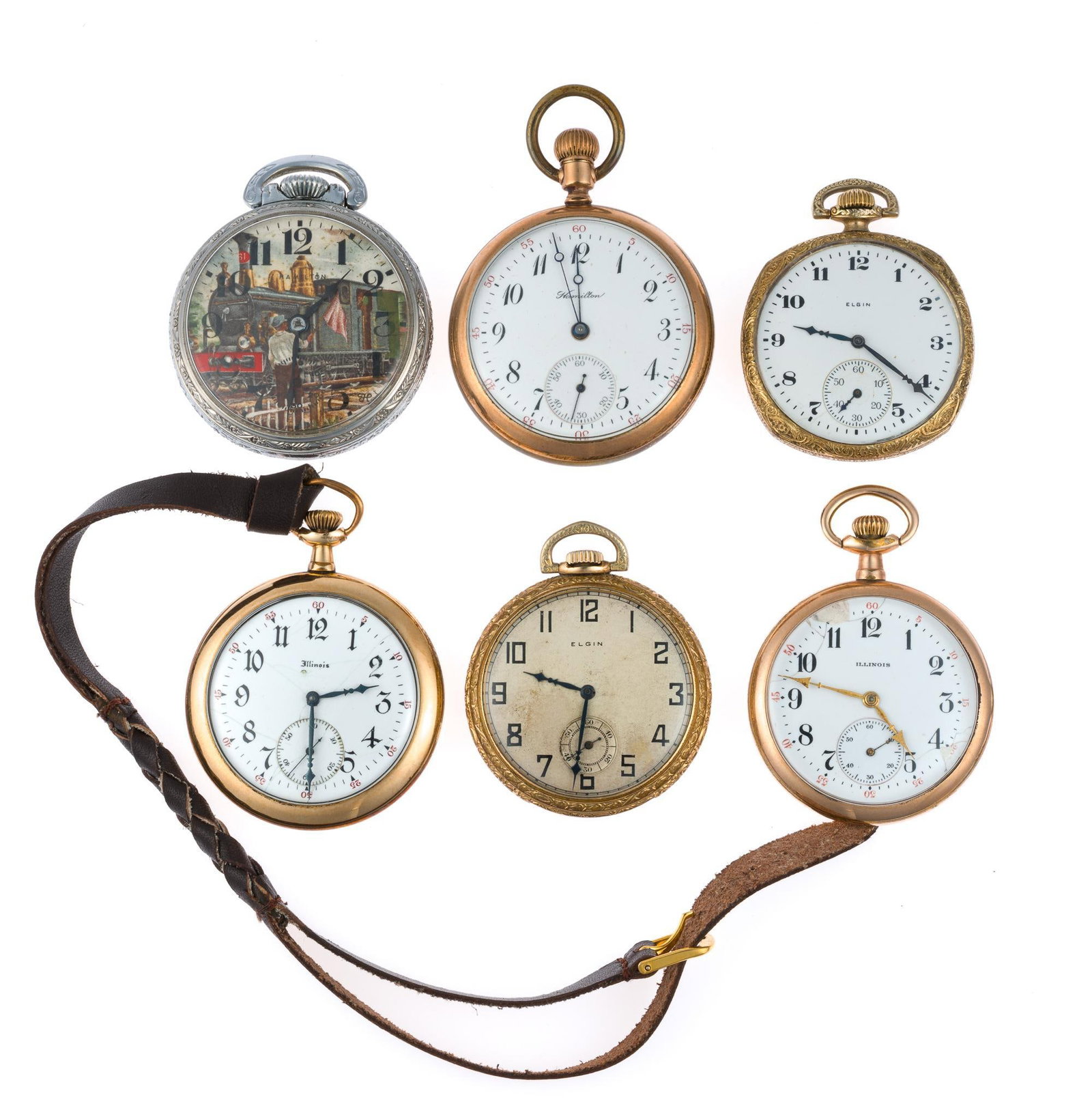 Six Pocket Watches Incl. Hamilton, Illinois, Elgin: Five of the six are gold filled. All of them set and run.