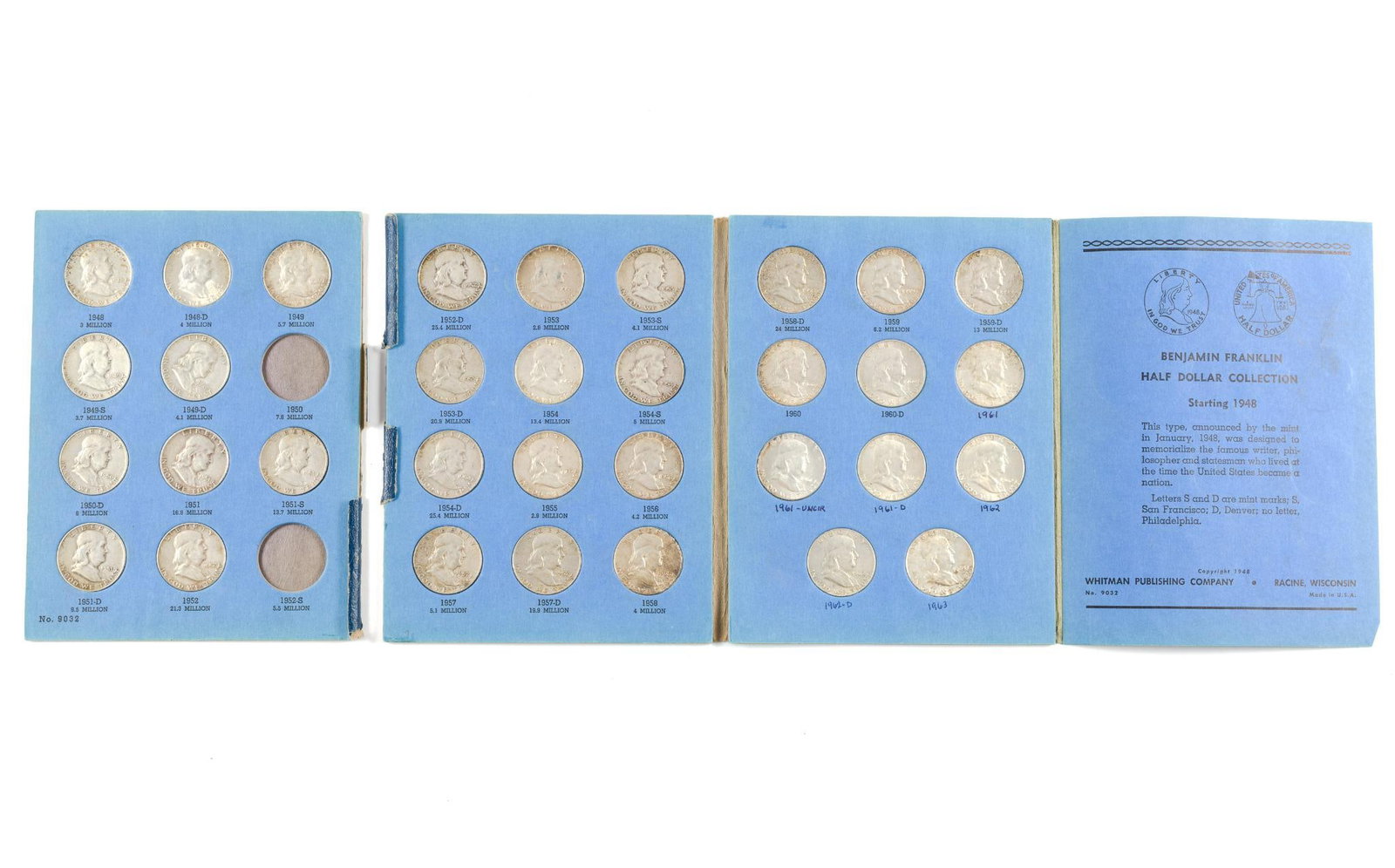 Franklin Silver Half Dollars Book: Most of the series of Franklin halves totaling thirty three coins. The book is not in one piece. 