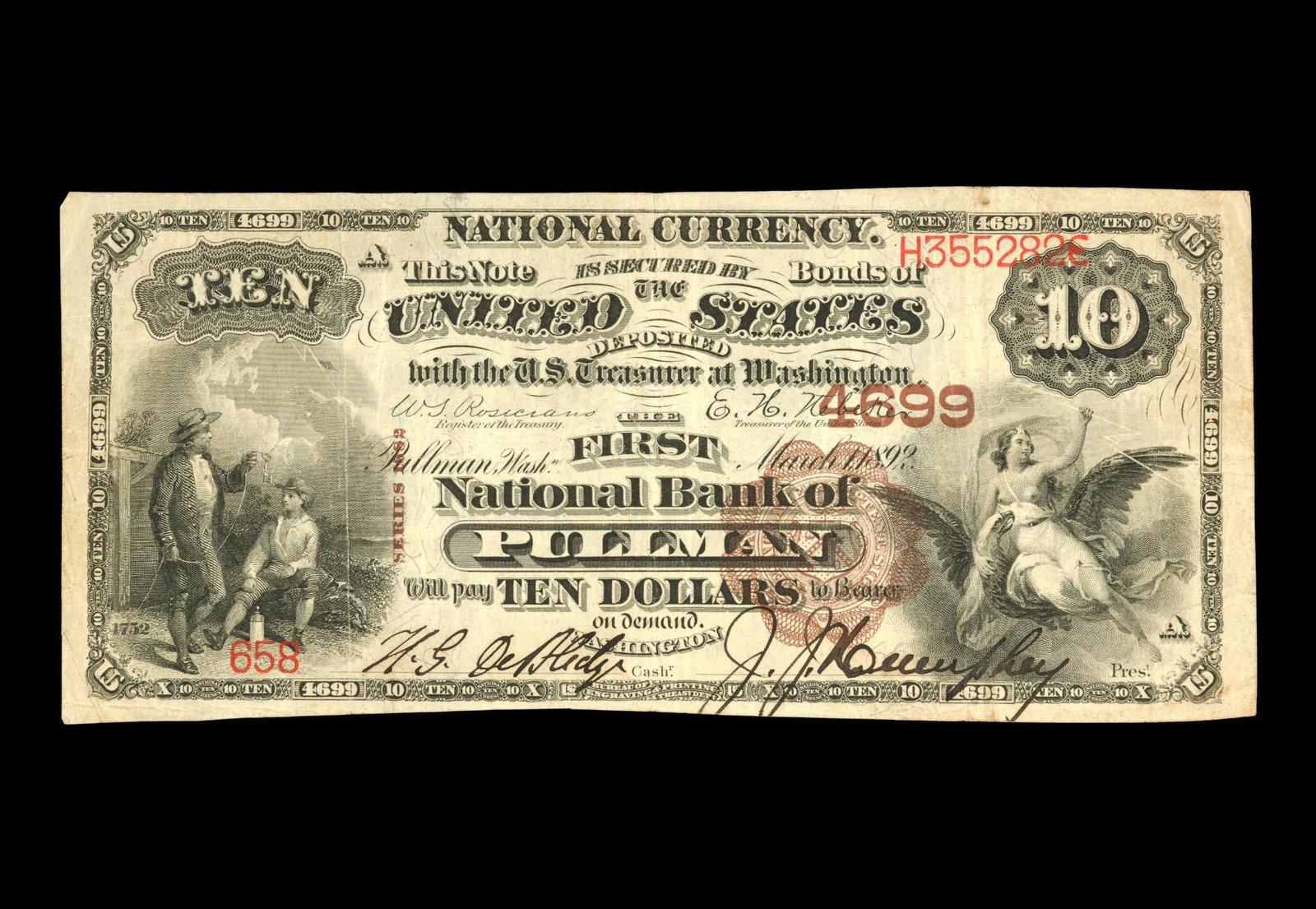The First National Bank of Pullman $10 National Currency Series of 1882: Pullman, Washington Ch. # 4699 brown back ten dollar bill. The National Currency note is dated March 1892. Exceedingly rare. Neither Stacks nor Heritage have auctioned this note. We have not identifie
