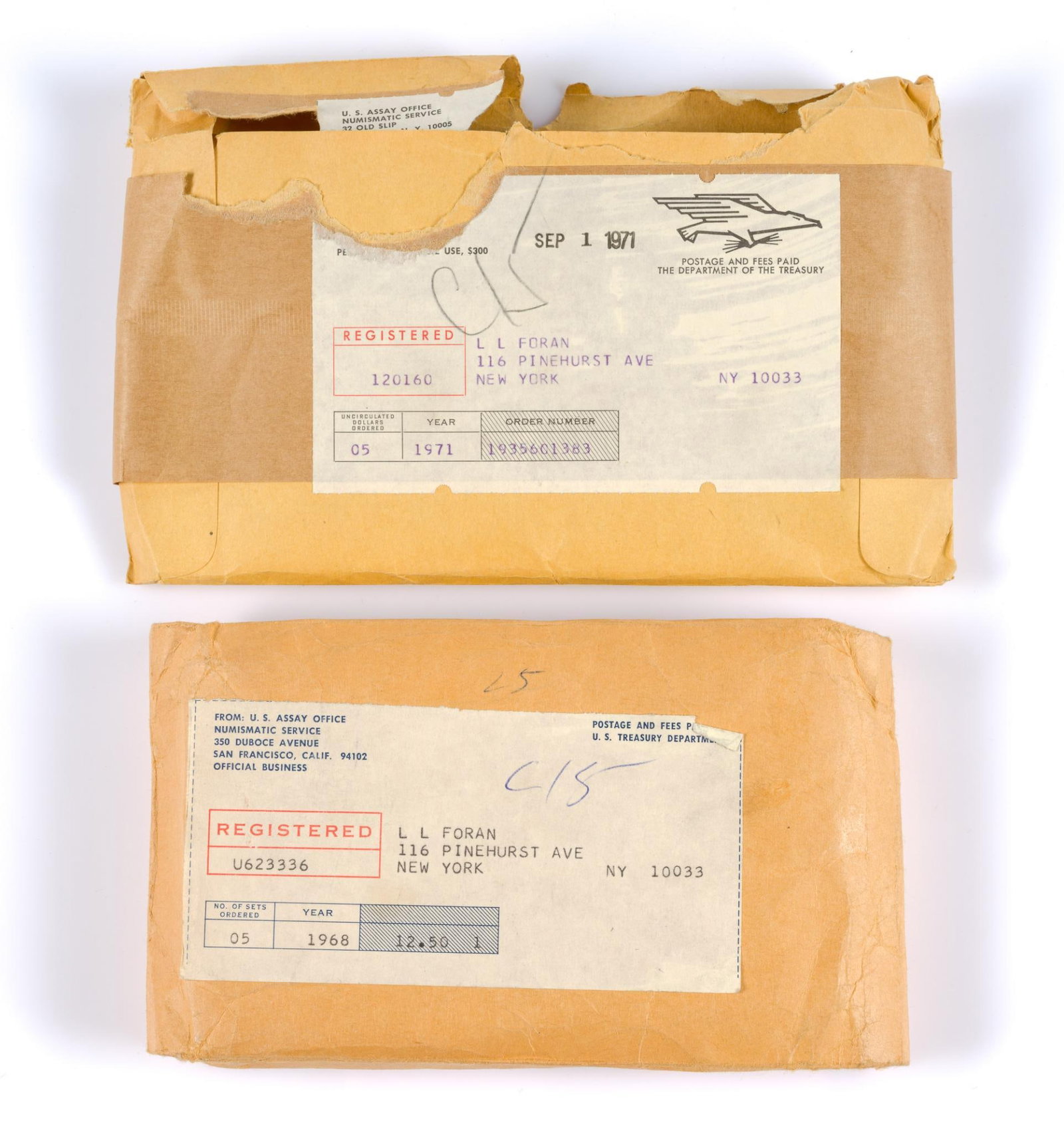 Earlier Mint Sets And Uncirculated Eisenhower Silver Dollars: This group contains originally packaged set of five 1971 40% silver Eisenhower dollars, five originally packaged 1968 mint sets with 40% silver halves, and one loose 1969 Kennedy silver half dollar.