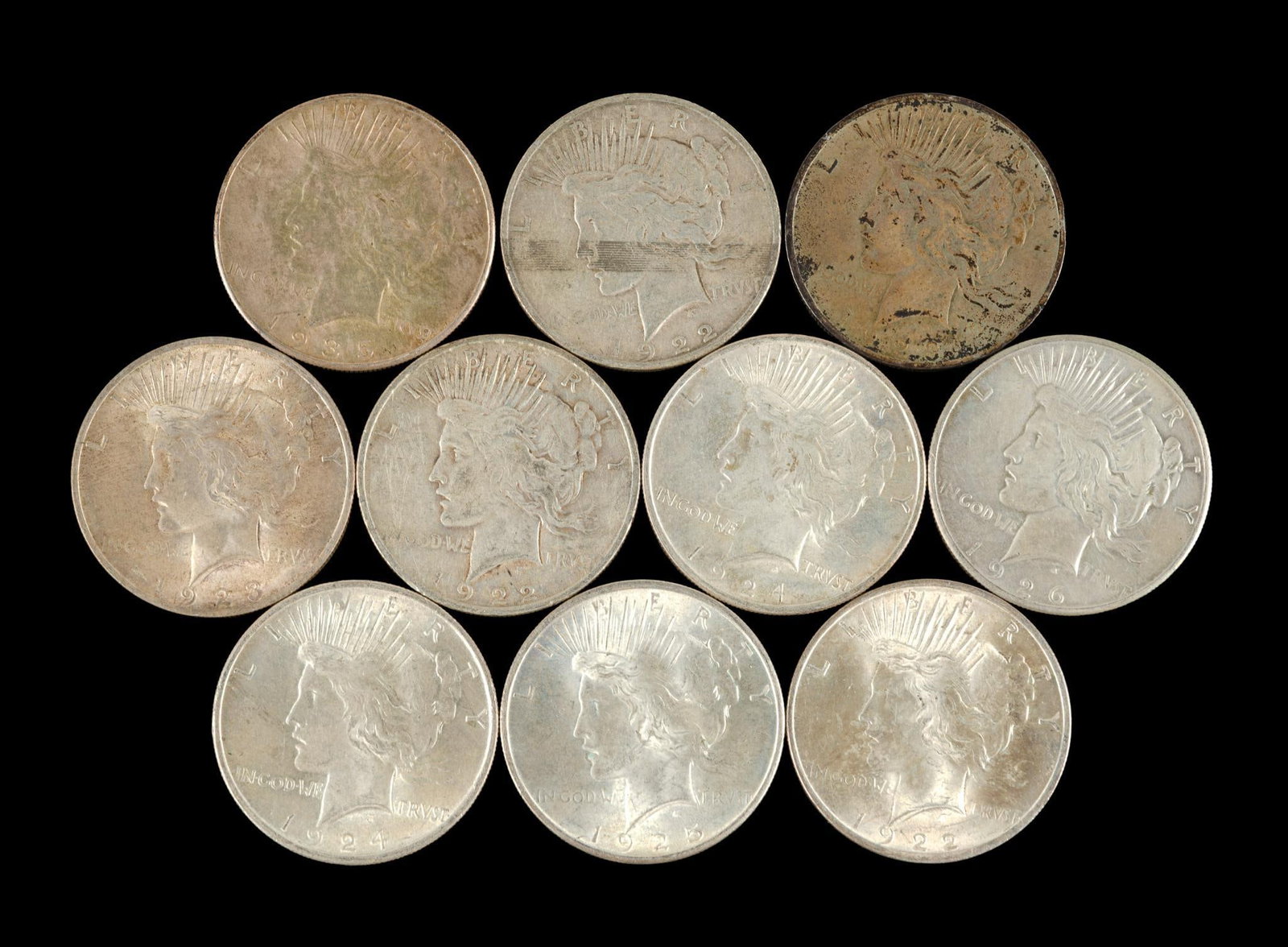 Ten Silver Peace Dollars (1 of 2)