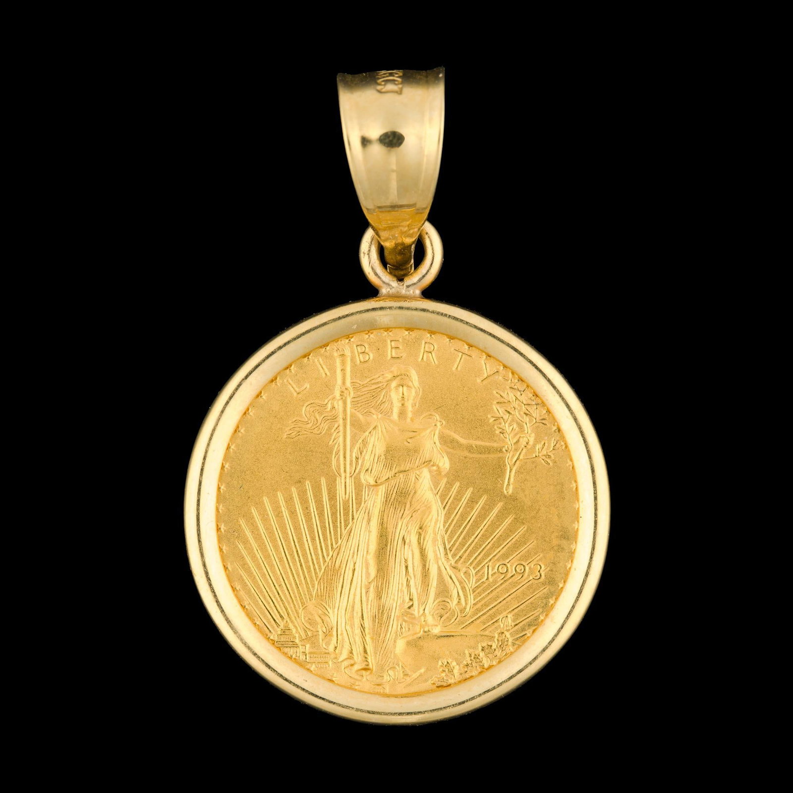 Five Dollar Gold American Eagle: A 1/10 ounce gold American eagle in a bezel marked 14k gold. the total weight is 4.5 grams.