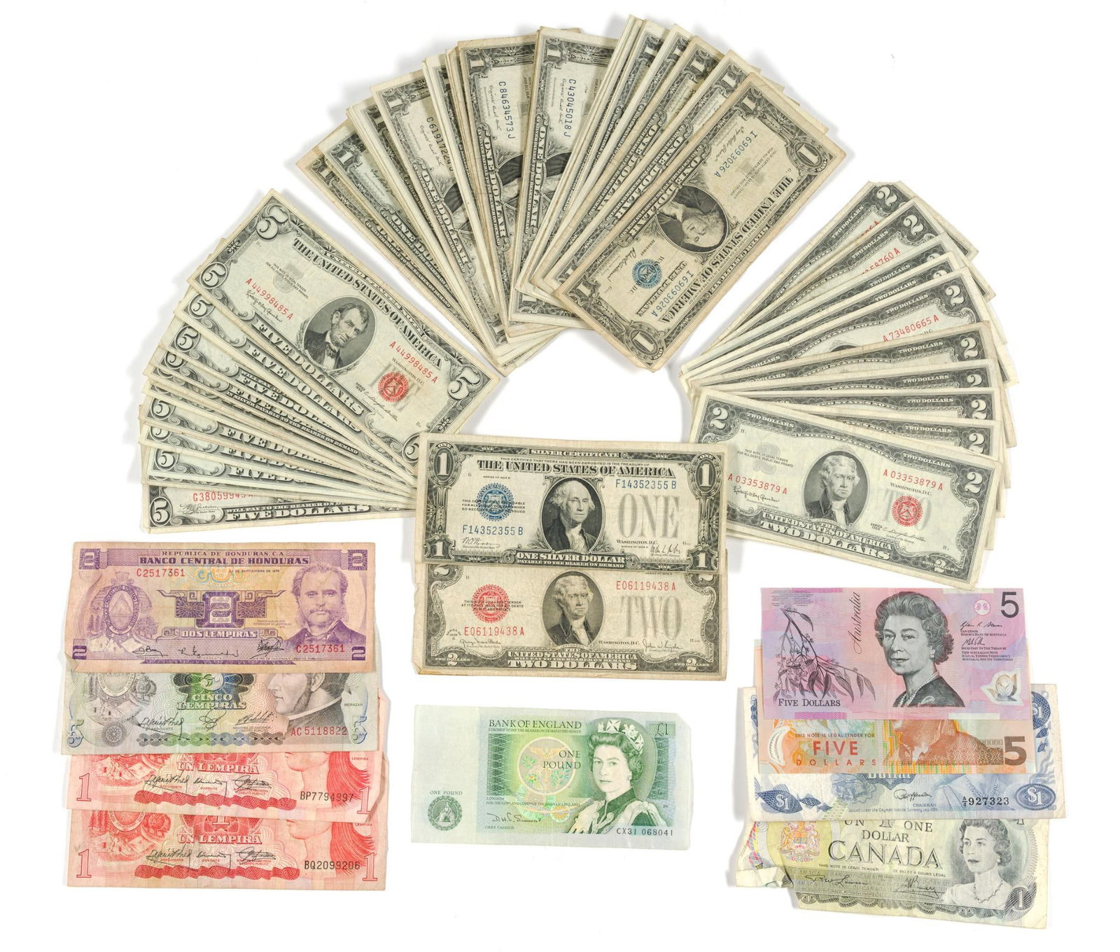 Silver Certificate And Other Bank Notes: The bills include one 1928 C $5, one 1934 D $5, fourteen later blue and red seal $5, thirty-one 1935 Silver Certificate $1, one 1928 B Silver Certificate $1, one 1928 G $2, three 1957 $1 Silver Certif