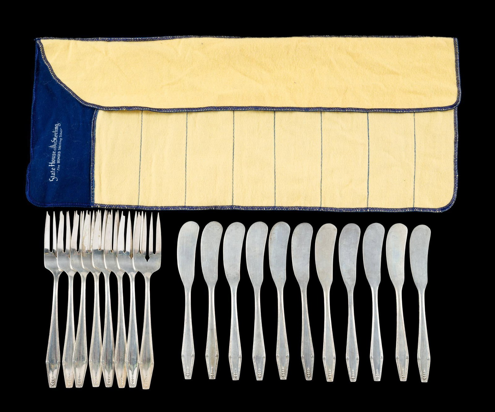 State House Sterling Silver Flatware: Sterling silver flatware pattern, Formality, introduced by State House in 1942 and discontinued later in the 1940's. The lot includes eleven butter knives and eight salad forks. The weight is 18.3 tro