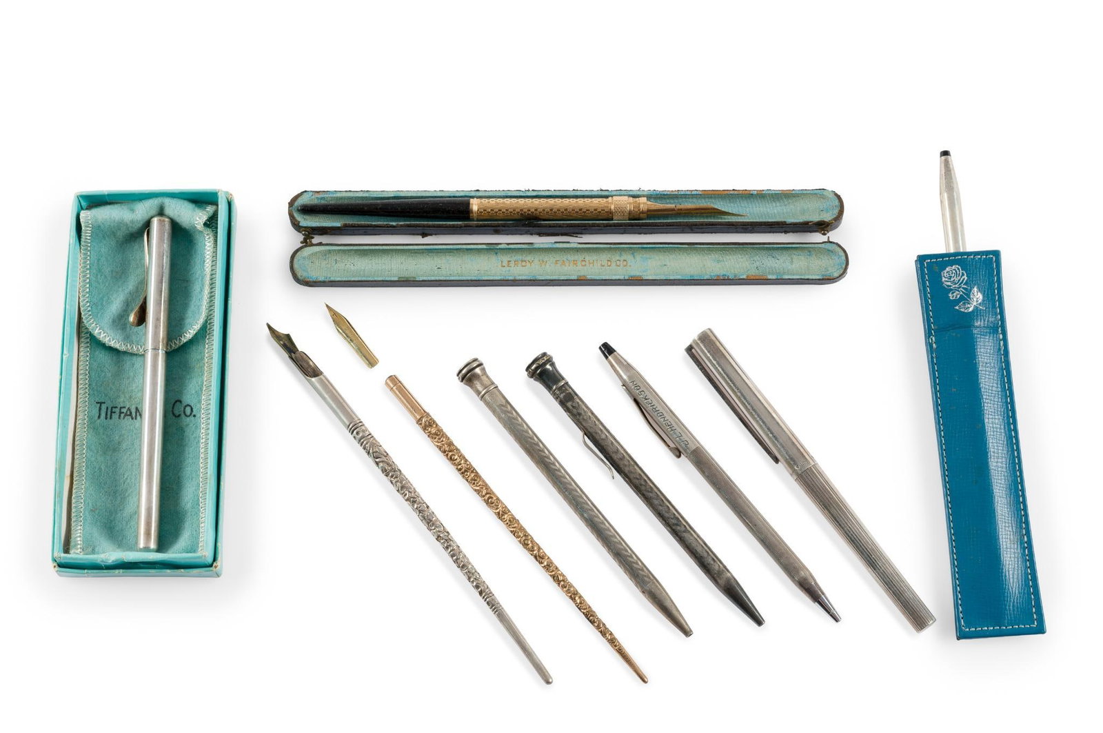 8 Sterling Silver and Gold Pen Collection Incl. Tiffany: Gold filled and sterling pens, some with 14k nibs. Tiffany, Leroy Fairchild Co., William S. Hicks nibs, J. L Hendrickson, and others. 