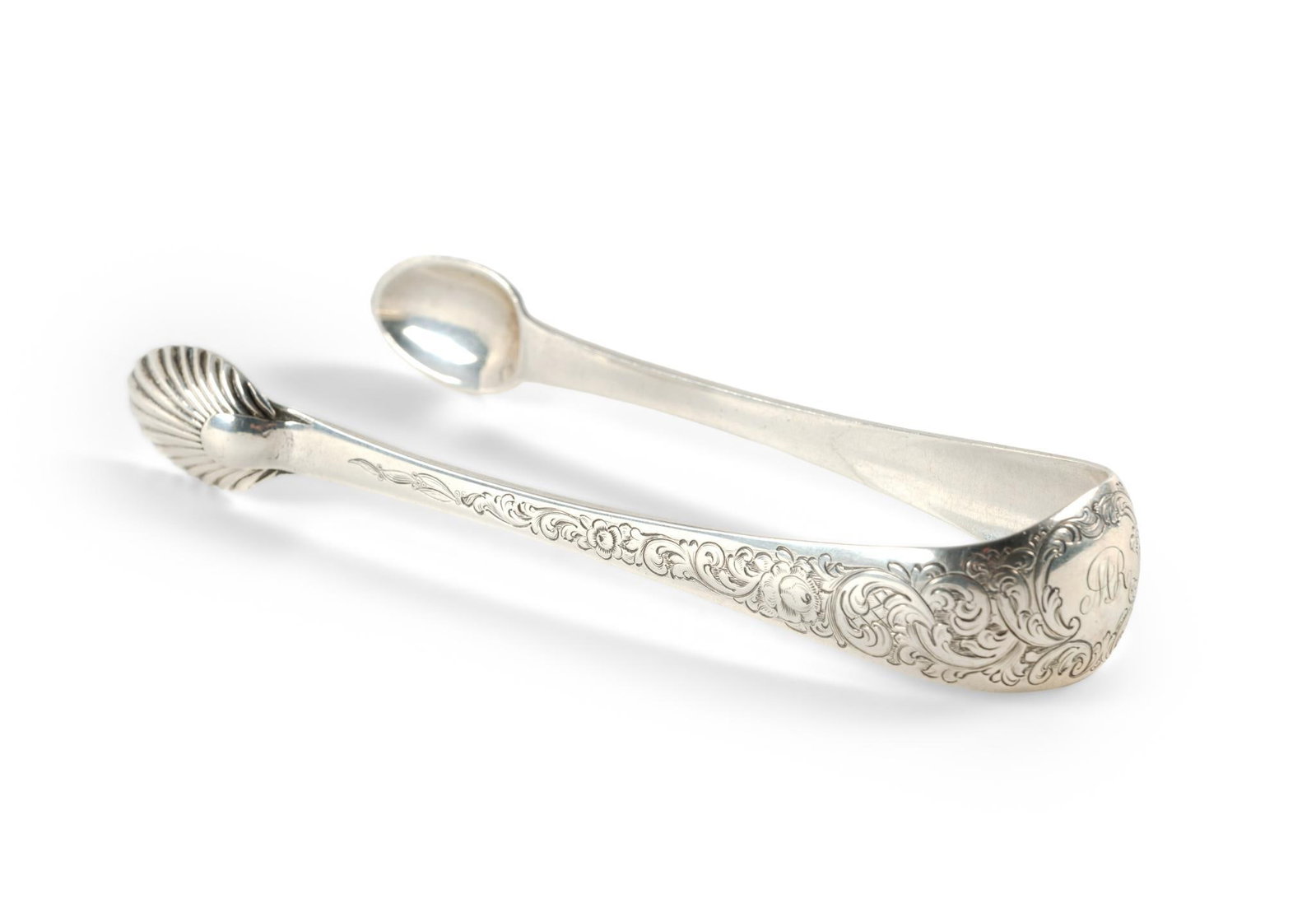 James McKay Edinburgh Scottish Silver Sugar Tongs: Antique tongs dating 1848 by the hallmark set. They are 5 1/2" length and weigh 1.9 troy ounces. Monogrammed at the end.