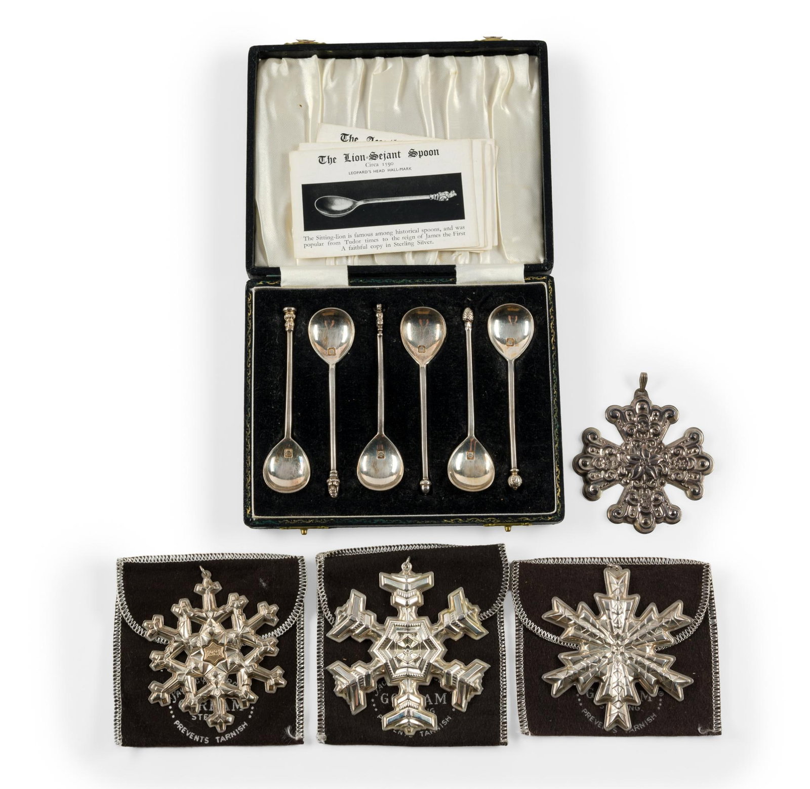 4 Sterling Silver Ornaments & 6 Sterling Silver Spoons: All marked. Spoons measure 4". Spoons in original case. Ornaments measure 3" to 3-1/4" wide x 3-1/4" to 3-1/2" long. Total 5.09 ozt. 