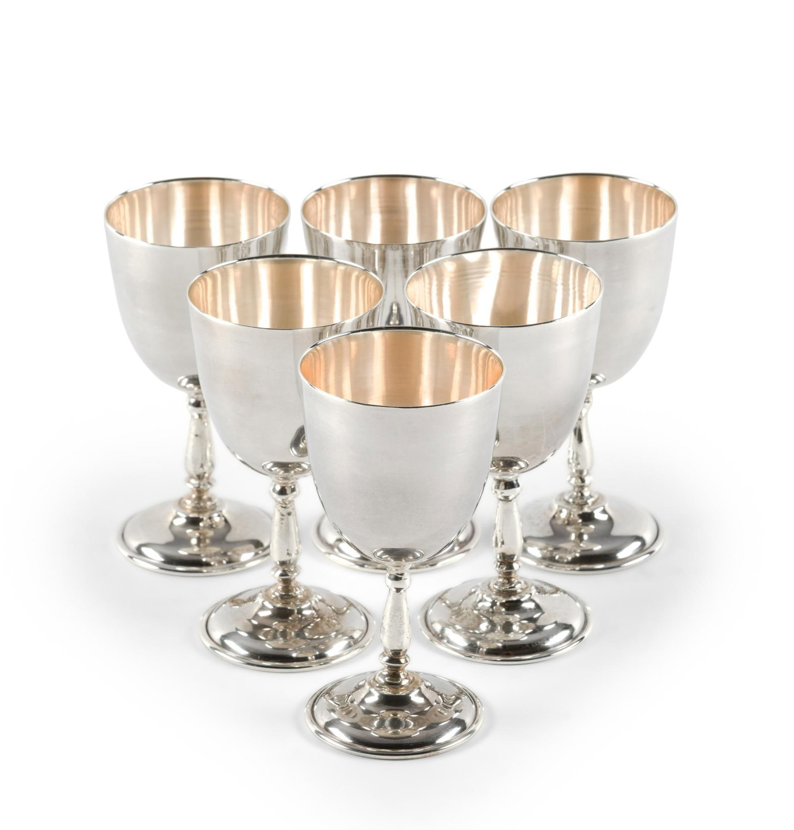 6 Mexican Sterling Silver Cups: All marked. 2-3/8" wide x 4-1/2" high. Total 21.18 ozt 