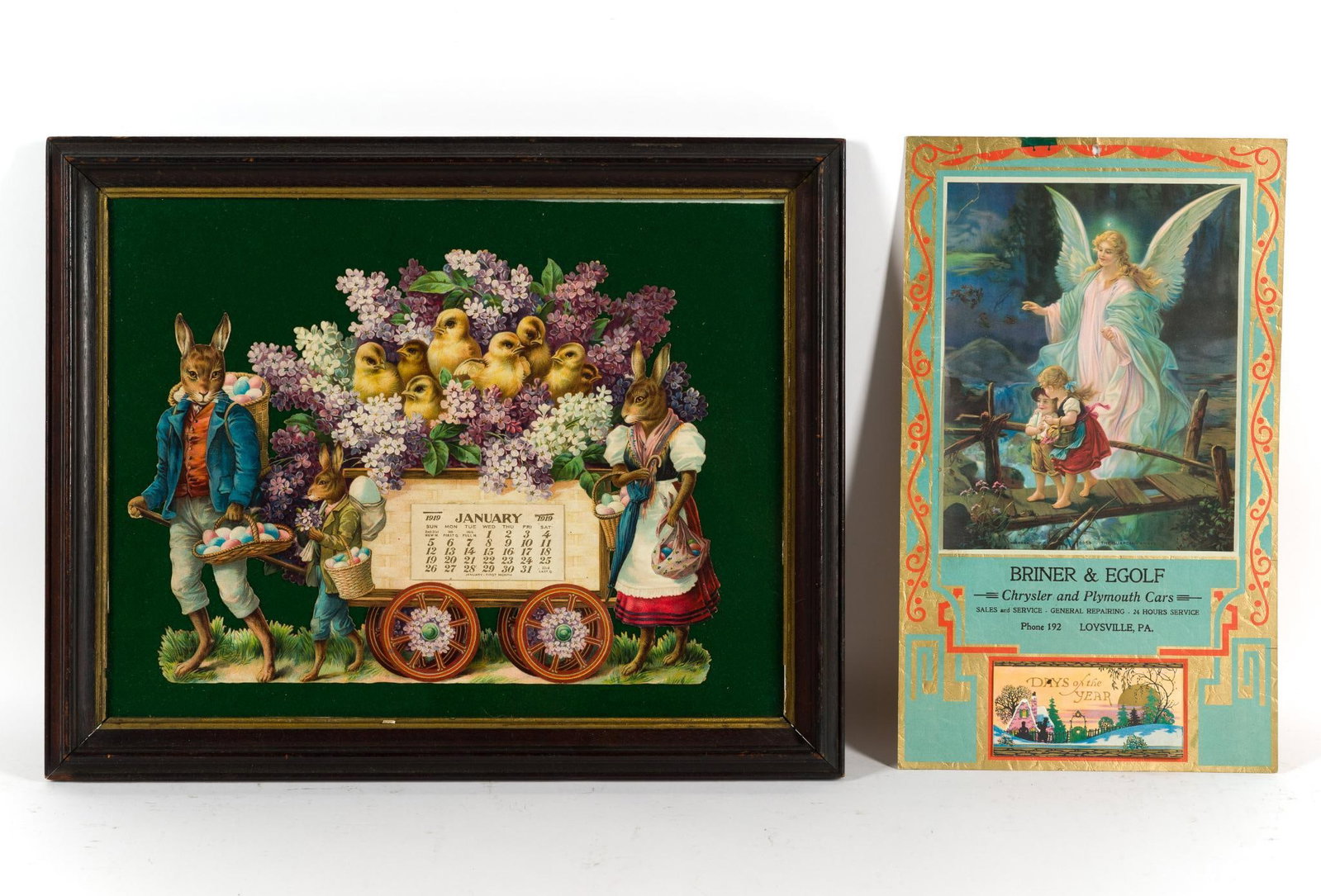 Vintage Calendars: Includes vintage Easter calendar and "Briner & Egolf: Chrysler and Plymouth Cars Loysville, PA" days of the year. Largest measures 17" H x 21" W. 
