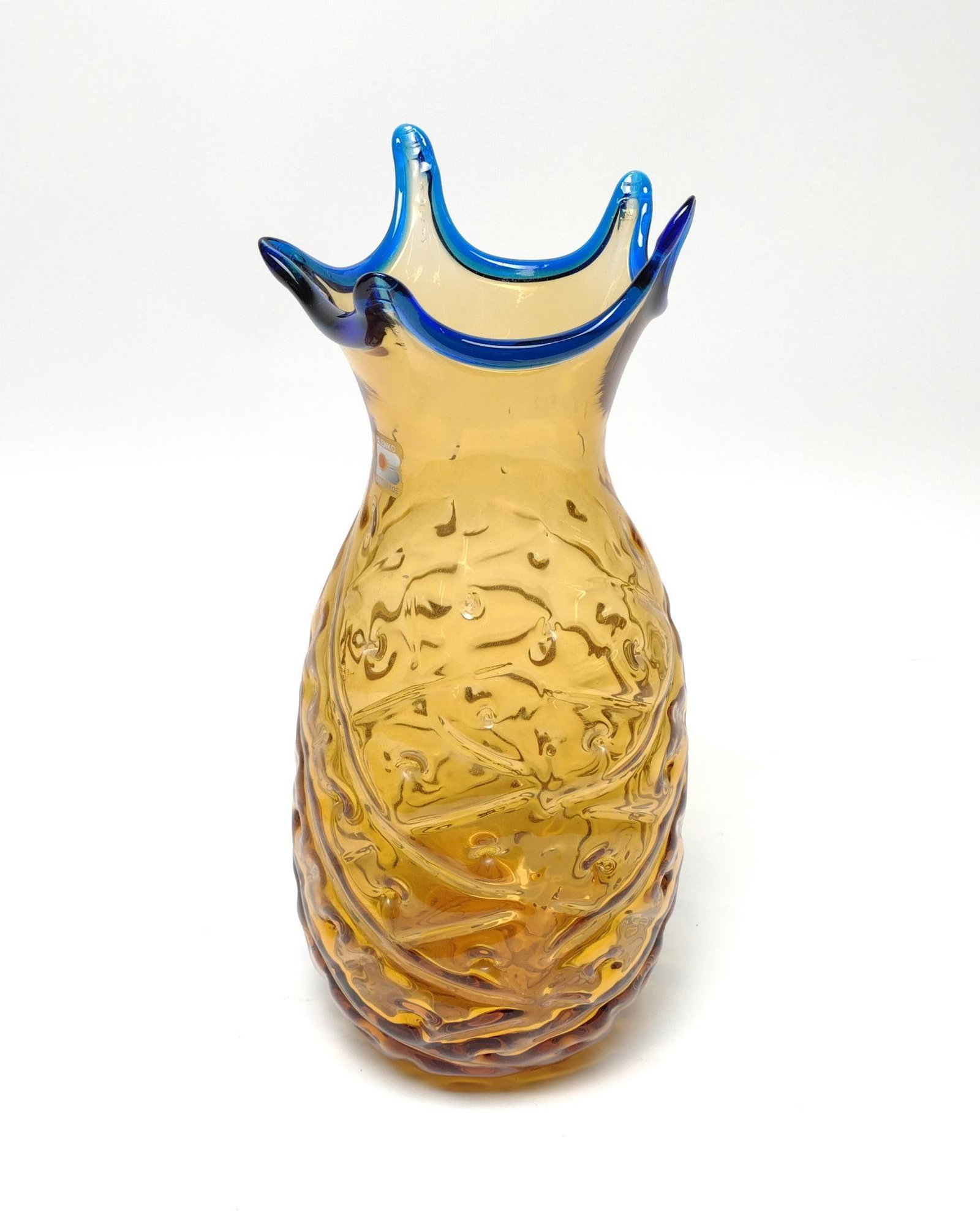 Blenko Art Glass Pineapple Vase: Has Blenko glass sticker on the side and measures approximately 6-1/2" in diameter x 13" tall. 