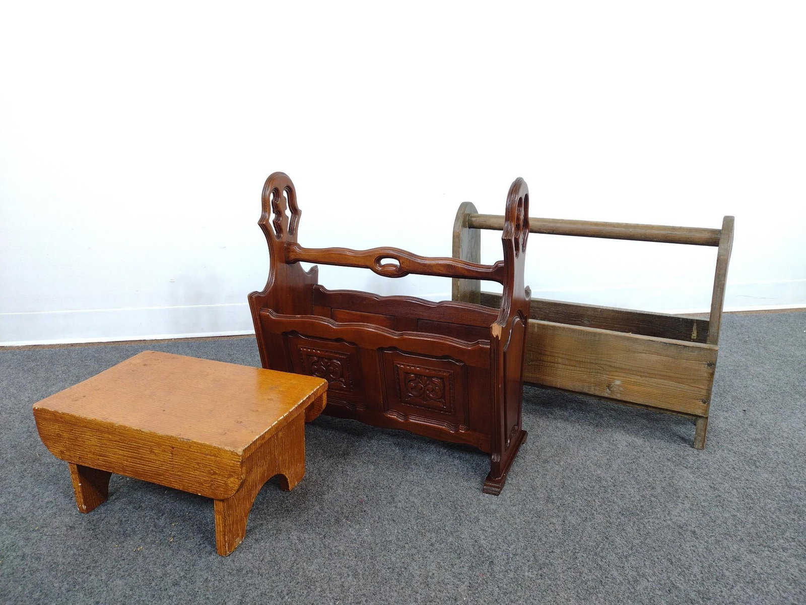 Carpenters Toolbox, Stool, Magazine Holder: Tool box 21-1/2" wide X 7-1/2" deep X 18" high. Magazine Holder 20" wide X 10" deep X 21-1/2" high. Stool 16" wide X 10" deep X 8" high. Magazine Holder has damage to one corner.