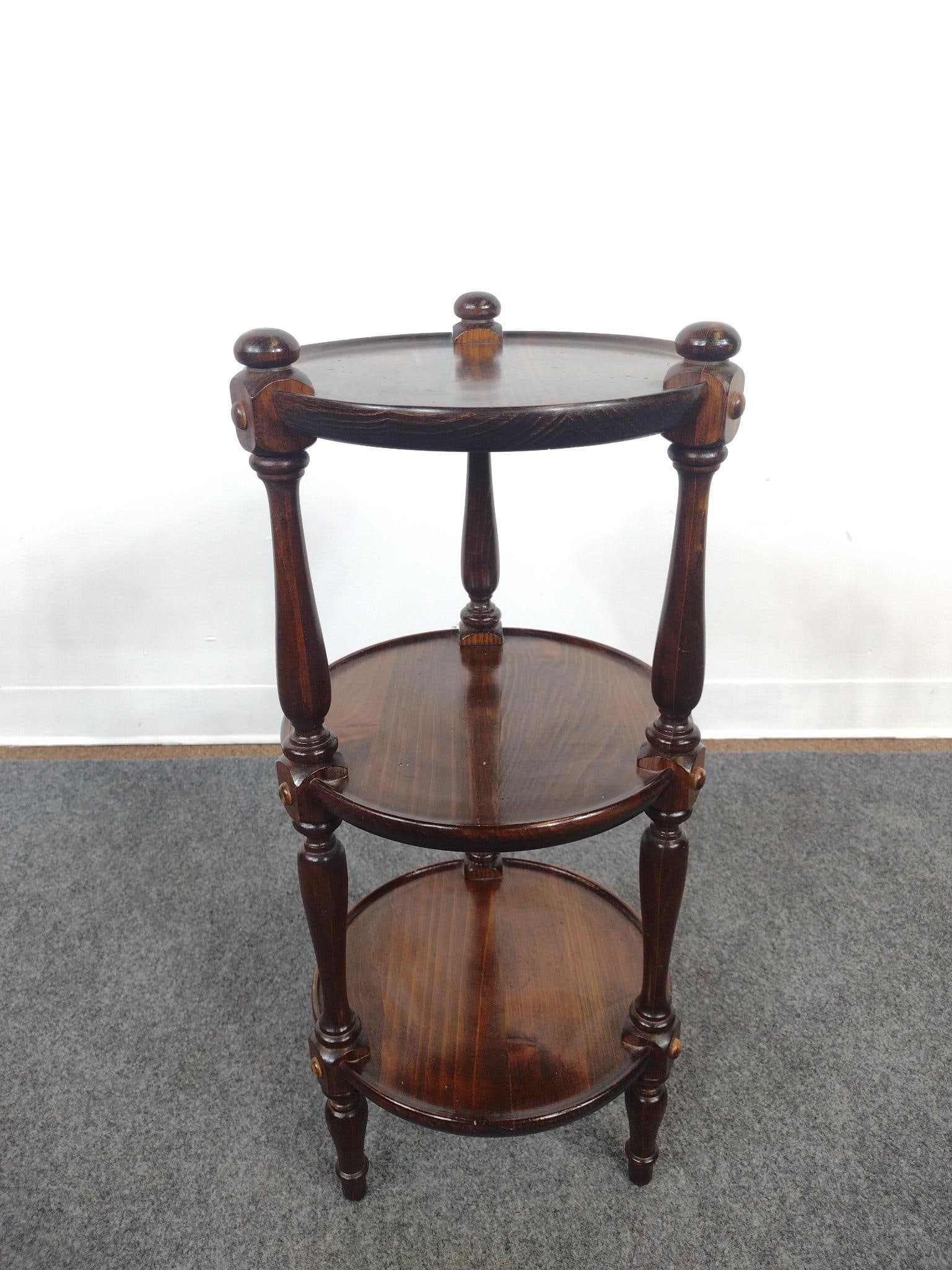 Ethan Allen 3 Tier Table: 12-1/2" diameter X 28-1/2" high. 