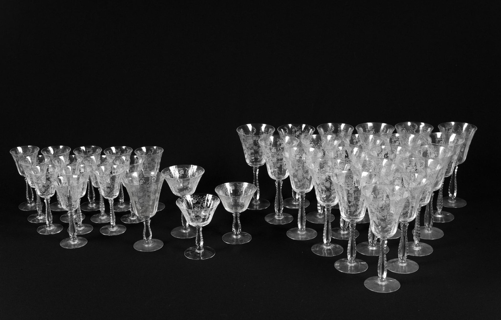 Set of Fostoria Heather Etched Glass Cups & Goblets: Largest measures 4" in diameter x 8" tall. 