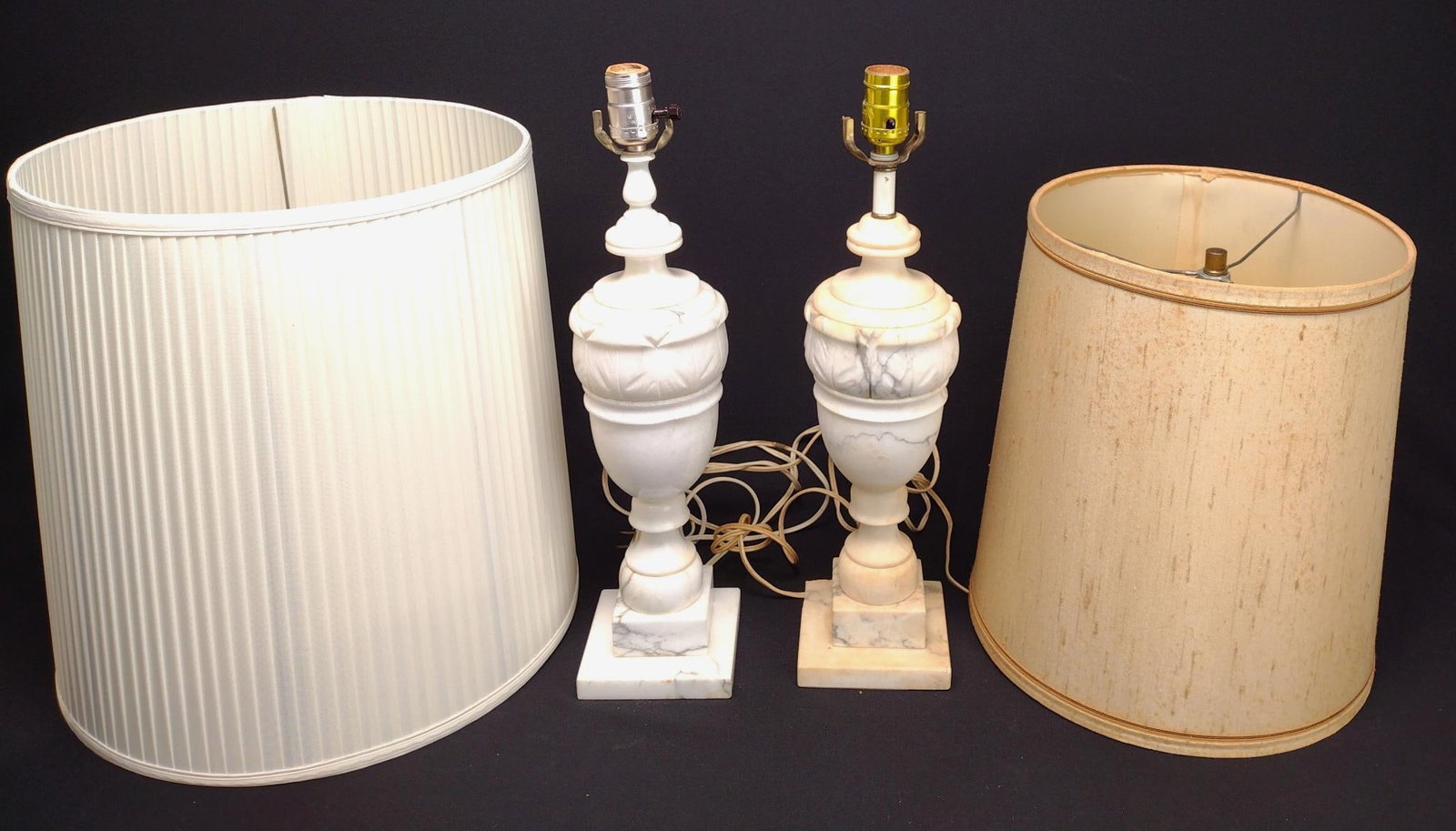 Pair of White Alabaster Table Lamps: Lamps with shades measure 14" in diameter x 43" tall. 
