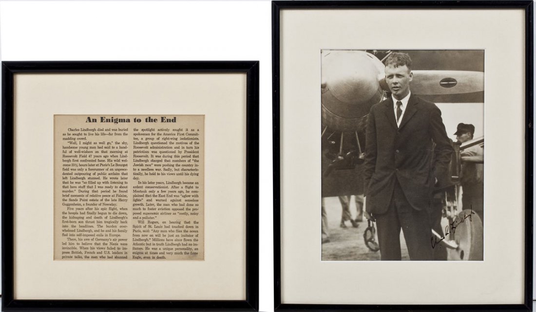 Signed Photograph of Charles Lindbergh: DESCRIPTION: Signed photograph of Charles Lindbergh in front of a plane with an accompanying editorial from Long Island newspaper Newsday when Lindbergh passed away. 1) Photograph is framed in a black