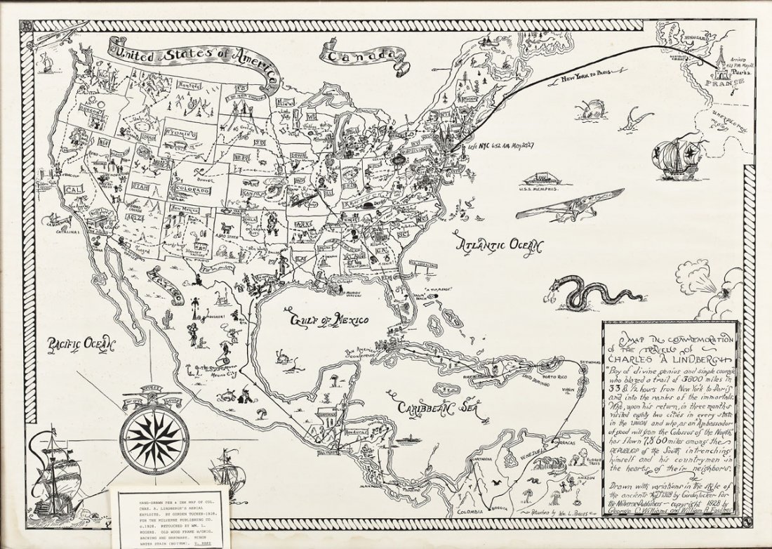 Orig. 1928 Pen & Ink Map of Lindbergh's Exploits: DESCRIPTION: An original pen and ink map on laid paper drawn by Gordon Tucker for the Milverne Publishing Company showing Charles Lindbergh's aerial exploits including his New York to Paris flight. Co
