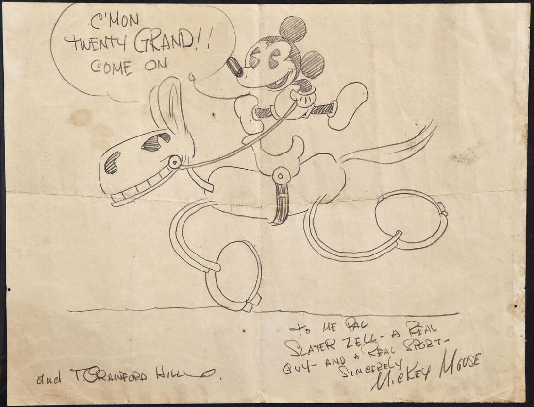Mickey Mouse Riding Horse Sketch: DESCRIPTION: Sketch of Mickey Mouse riding a horse, shouting "C'mon Twenty Grand! Come on!". Several things are written on the bottom: "and T. Crawford Hill", as well as a short message to a friend "T