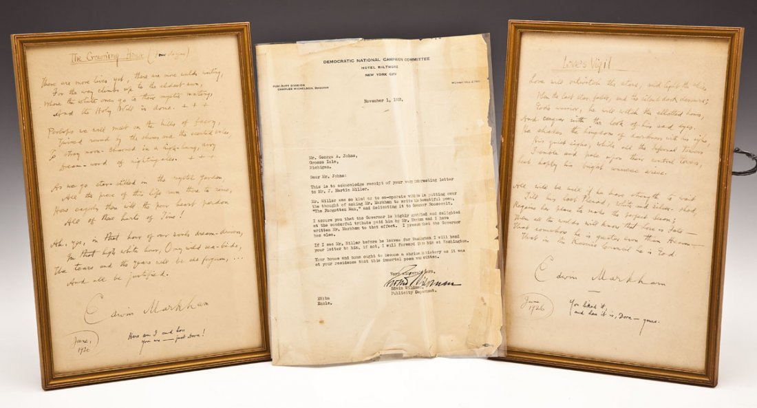 2 Edwin Markham Handwritten Poems with Letter: DESCRIPTION: Two Edwin Markham handwritten poems. Poems titled "The Crowning Hour" and "Love's Vigil". Each signed by Edwin Markham and written in June 1926. Both with a message to Dora. Each framed i