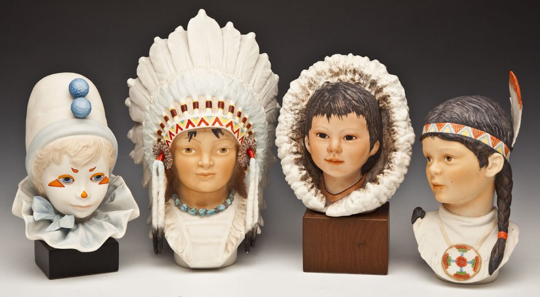 4 Cybis Children of the World Bust Figures: DESCRIPTION: Four Cybis Children of the World bisque bust figures. Includes: Native American Boy, Native American Girl, Clown, and Eskimo. Each signed "Cybis ©". MEASUREMENTS: Each approximately 10" 