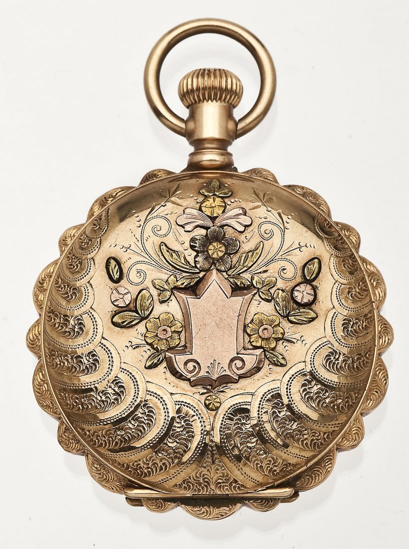 Lady's Elgin Four Color Pendant Watch: DESCRIPTION: Lady's Elgin size 6 pendant watch. Hunter case, stem wound. Porcelain single sunk dial with subsidiary seconds and Roman numerals, marked "Elgin". Model 1 movement marked "Elgin Nat'l Wat