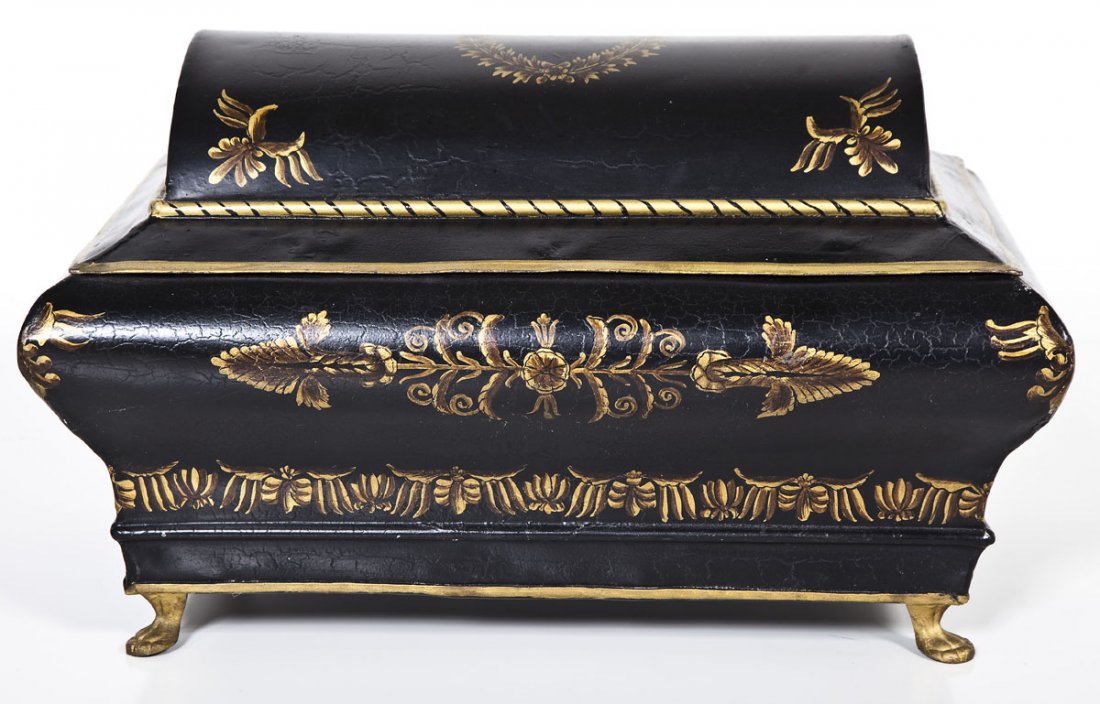 French Neoclassical Style Tole Document Box: DESCRIPTION: A painted French tin document box. Tin casket form resting on gilded paw feet. Box decorated with gilded anthemion and similar classical designs in the manner of French Empire work. The e