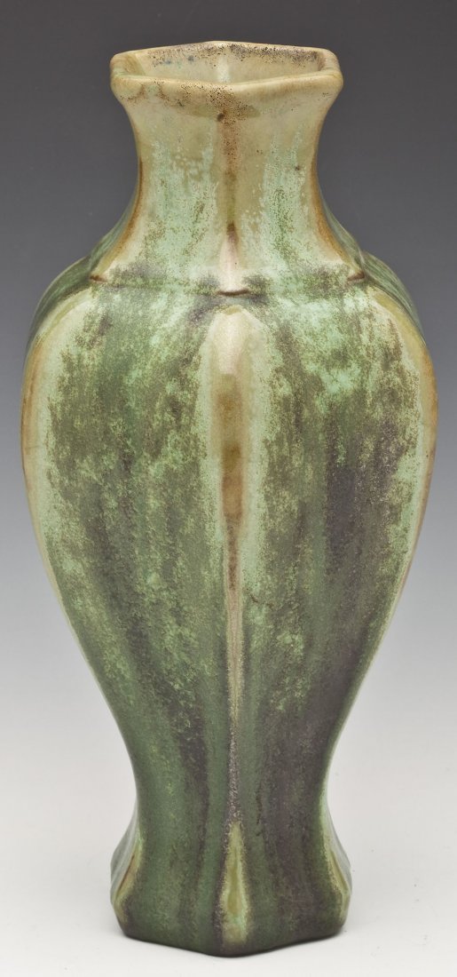 Fulper Art Pottery Vase: DESCRIPTION: Fulper art pottery vase. Bulbous form with two handles and striated green glazing. Oval vertical ink-stamp "Fulper" mark on bottom. Circa 1922 to 1928. MEASUREMENTS: 10-3/4" high. CONDITI