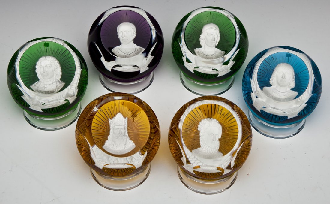6 Baccarat Great Leaders of History Cameos: DESCRIPTION: Six Baccarat for Franklin Mint Great Leaders of History cameos. Includes: Alexander the Great, Julius Caesar, Charlemagne, Joan of Arc, Elizabeth I, and Peter the Great. All in original b