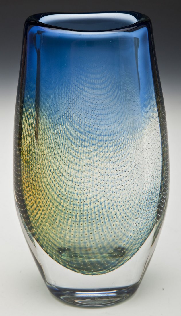 Orrefors Sven Lundqvuist Art Glass Vase: DESCRIPTION: Orrefors Sven Lundqvist art glass vase. Blue, clear and yellow with intricate air bubble and netting pattern. Signed on the bottom "Orrefors Knacka No 2/27 Sven Lundqvist". MEASUREMENTS: