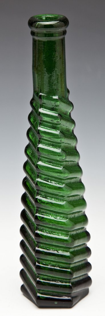 Stickney & Poor Spice Co. Emerald Green Bottle: DESCRIPTION: Stickney & Poor Spice Co. emerald green spiral ring pepper sauce bottle circa 1880. Marked on the bottom "S&P Pat. App for". MEASUREMENTS: 8" tall. CONDITION: No defects noted.